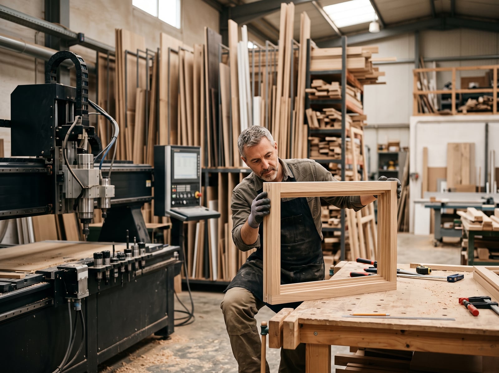 Menuisier ajustant un cadre de fenêtre dans un atelier moderne
