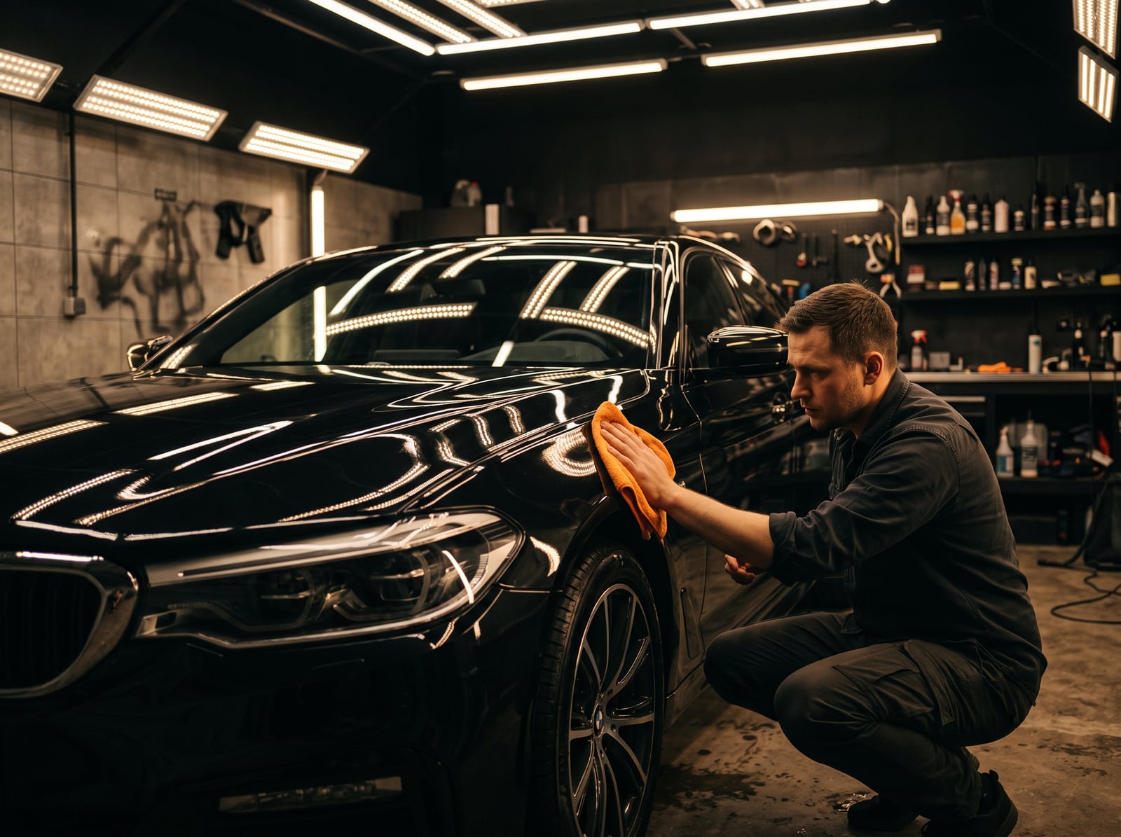 Préparateur lustrant la carrosserie d'une berline noire en atelier
