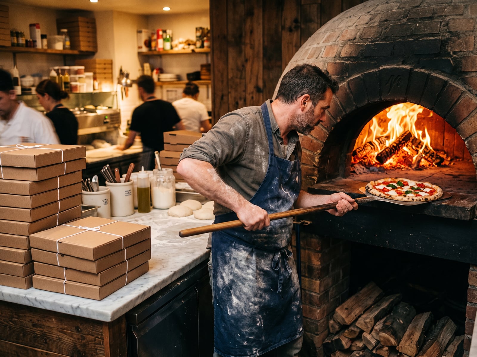 Pizzaïolo enfournant une pizza dans un four à bois ardent