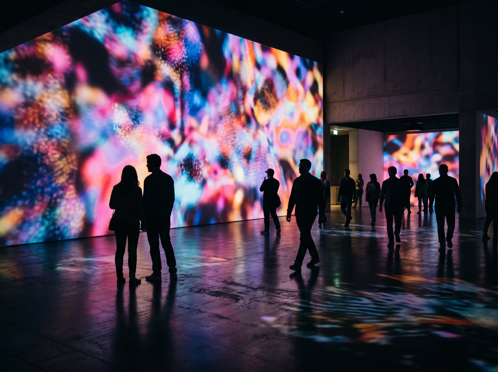Visiteurs devant des œuvres numériques projetées dans une galerie immersive