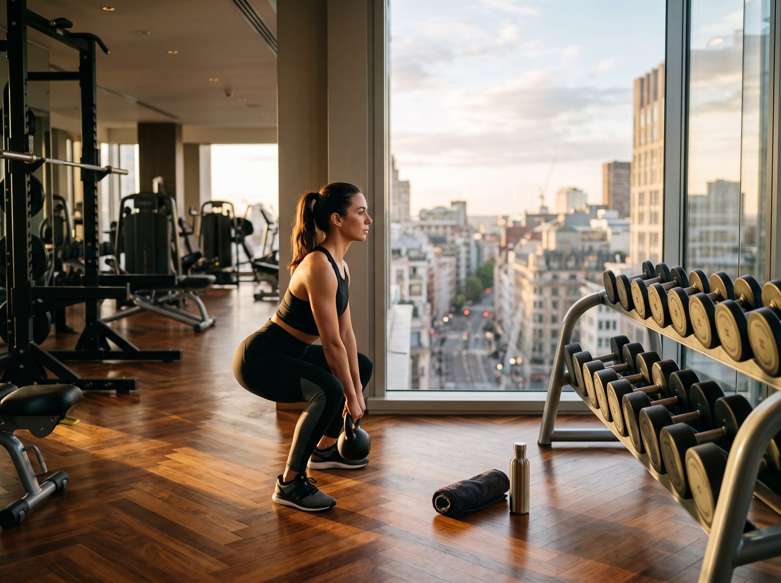 Séance d'entraînement matinale dans une salle de sport lumineuse