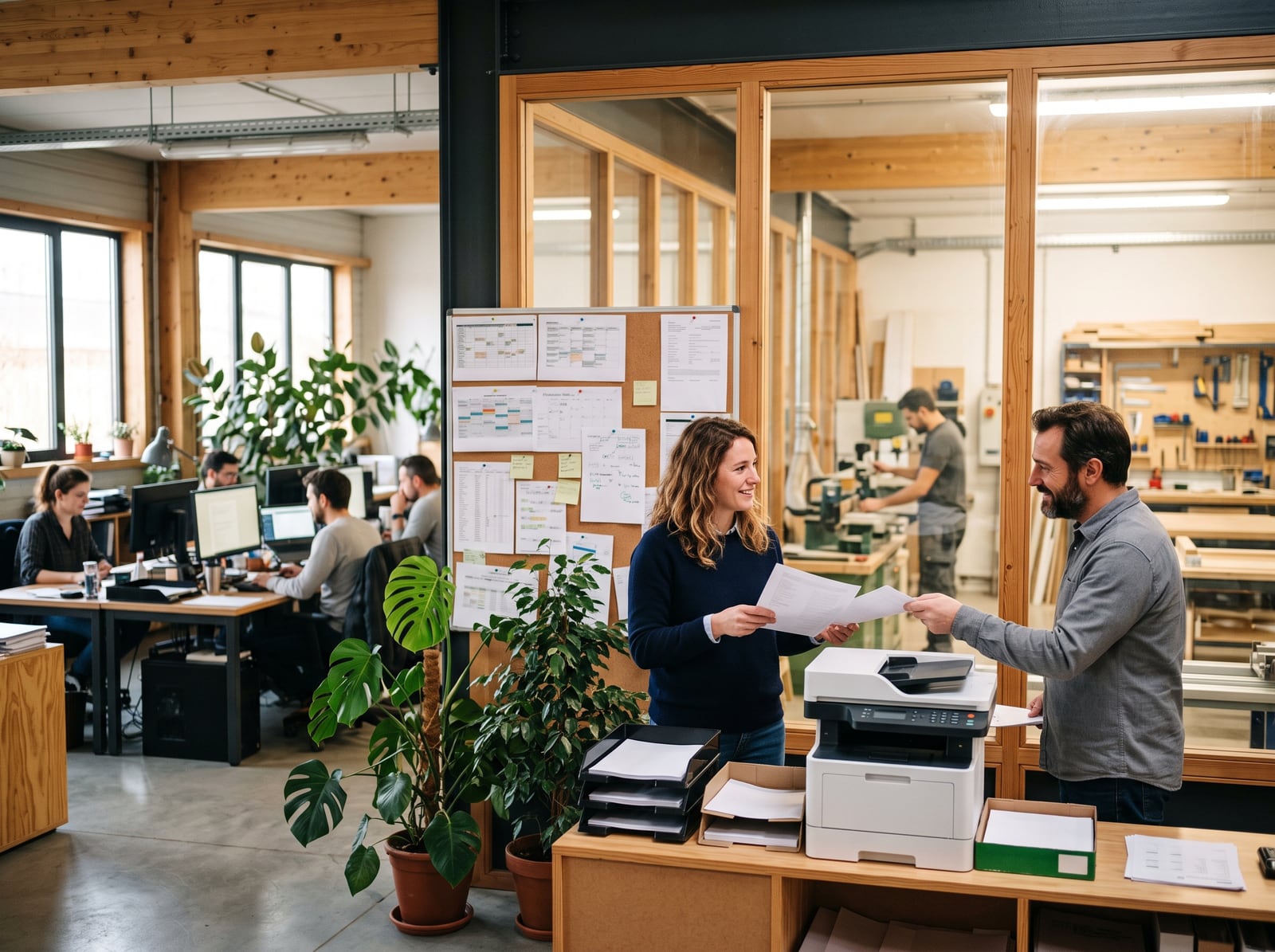 Équipe d'une PME travaillant dans des bureaux ouverts sur l'atelier