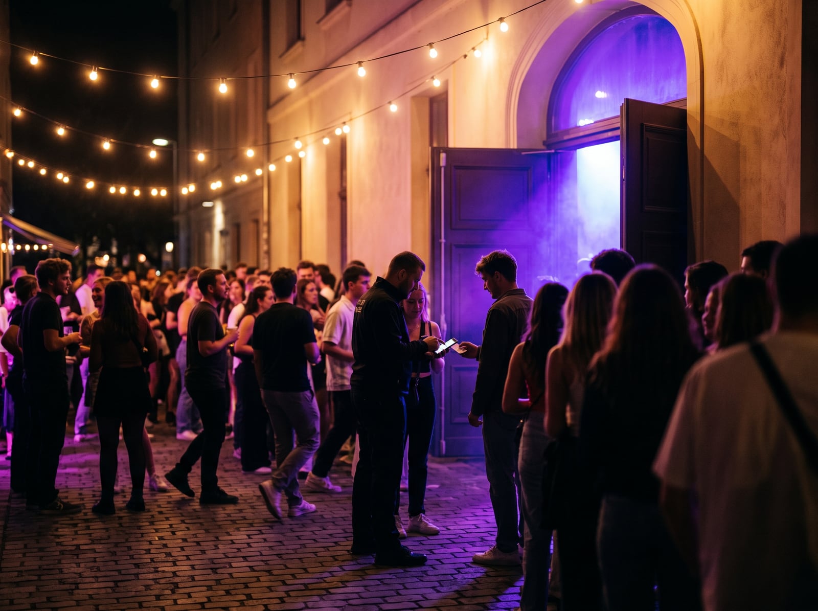 Spectateurs entrant dans une salle de concert un soir d'événement