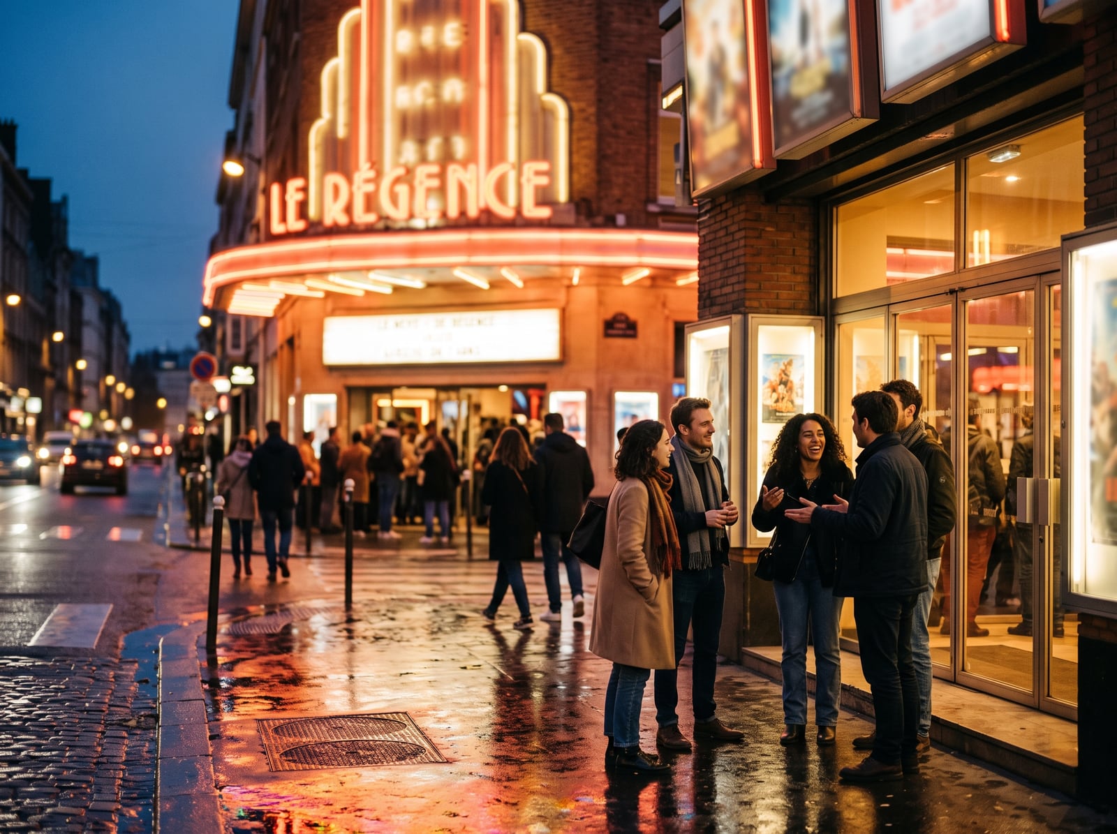 Amis discutant devant un cinéma illuminé en soirée