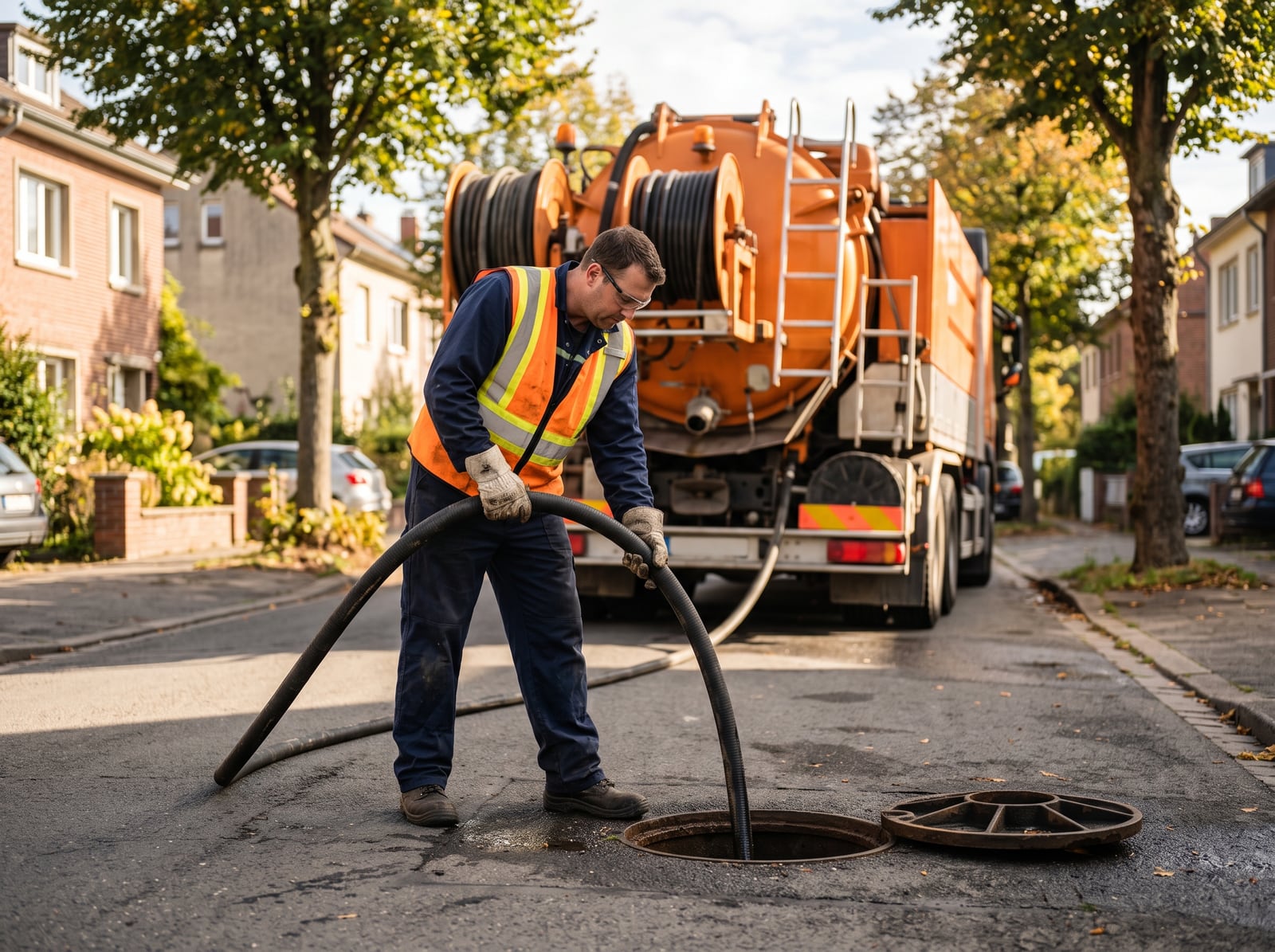 Technicien d'assainissement déployant le flexible d'une hydrocureuse en intervention