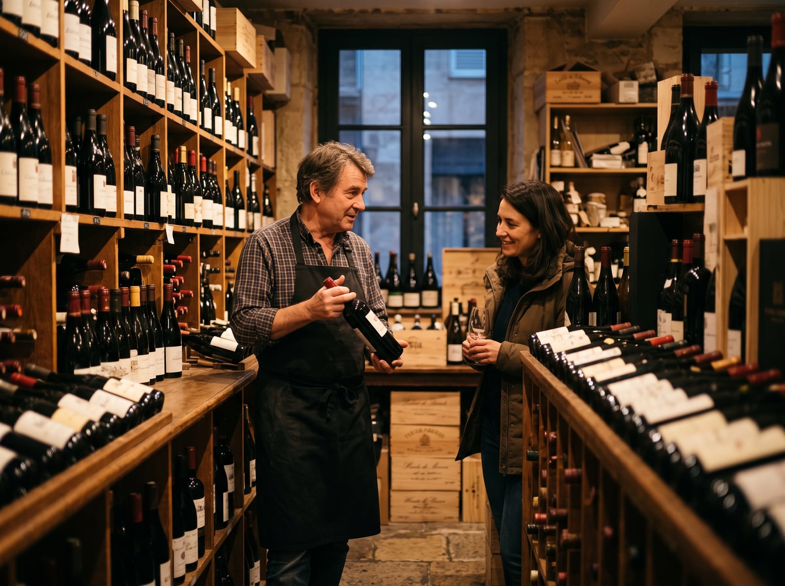 Caviste conseillant un client entre les casiers de bouteilles