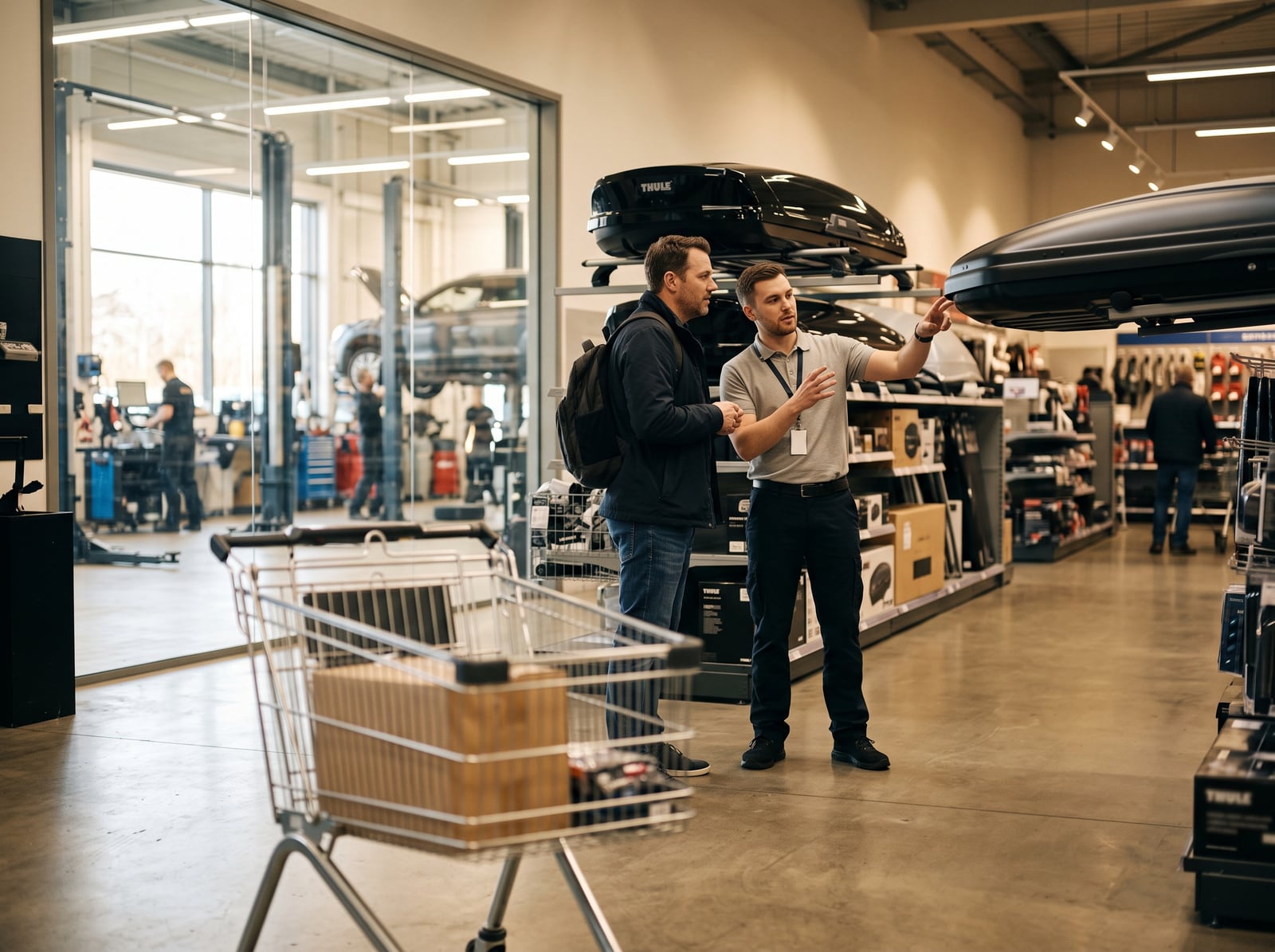 Vendeur conseillant un client au rayon équipement d'un centre auto