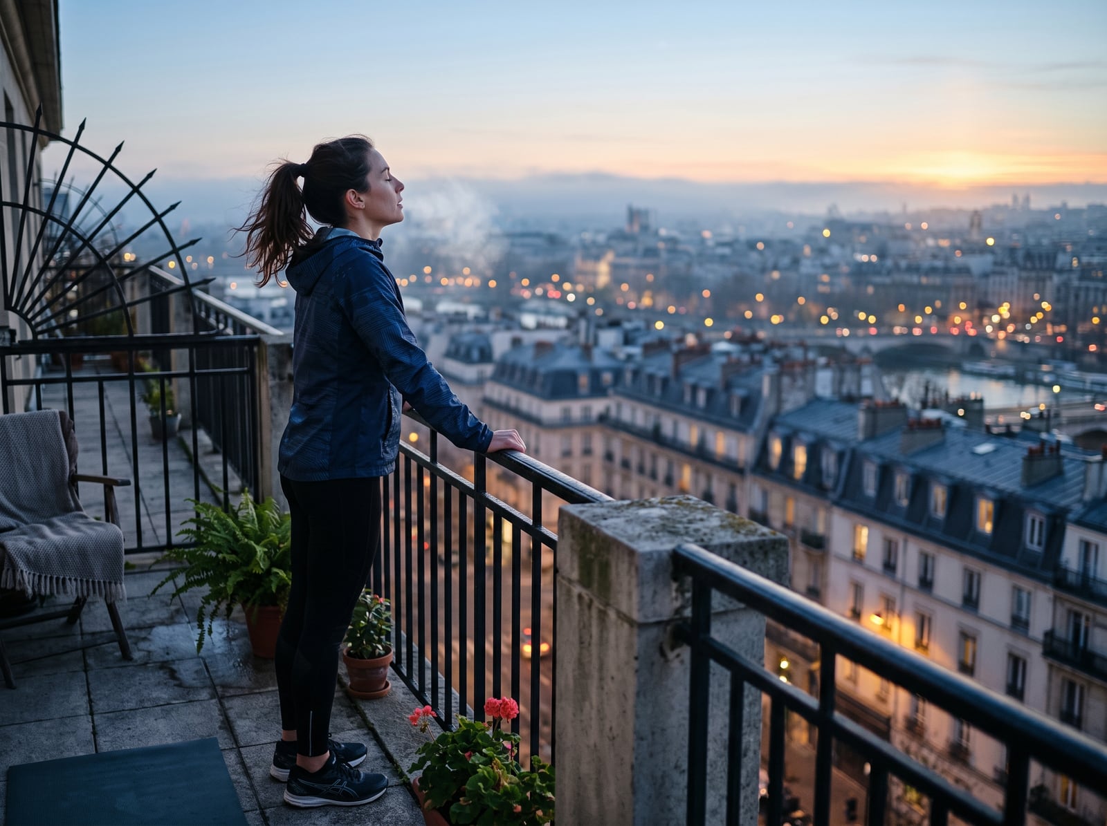 Personne respirant l'air frais du matin sur un balcon face à la ville