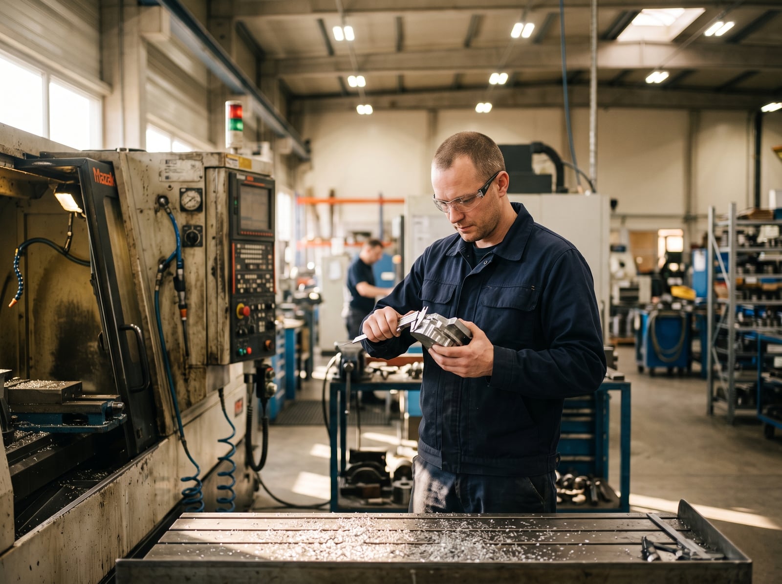 Opérateur contrôlant une pièce usinée dans un atelier industriel moderne