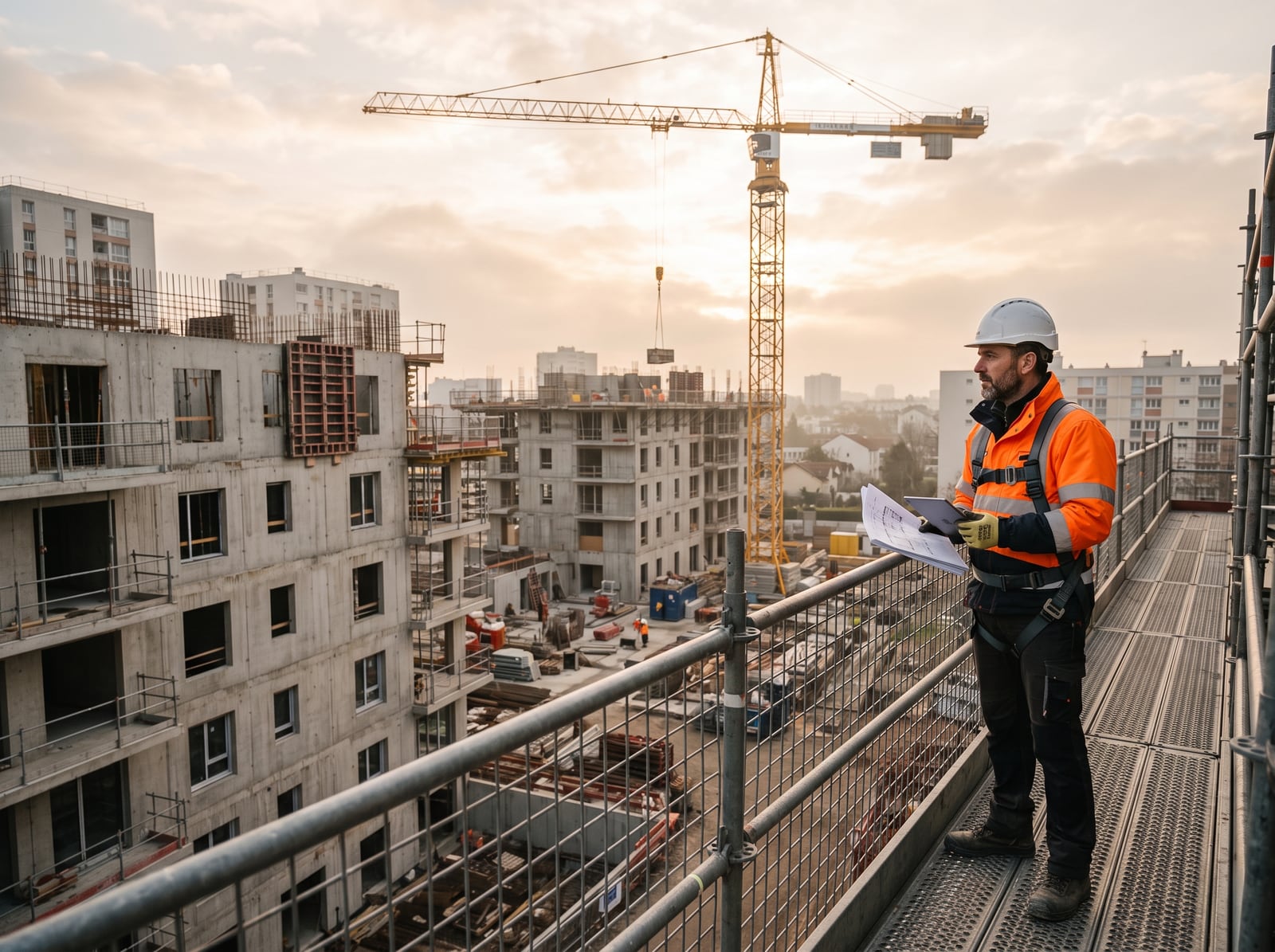 Conducteur de travaux inspectant un chantier de logements collectifs
