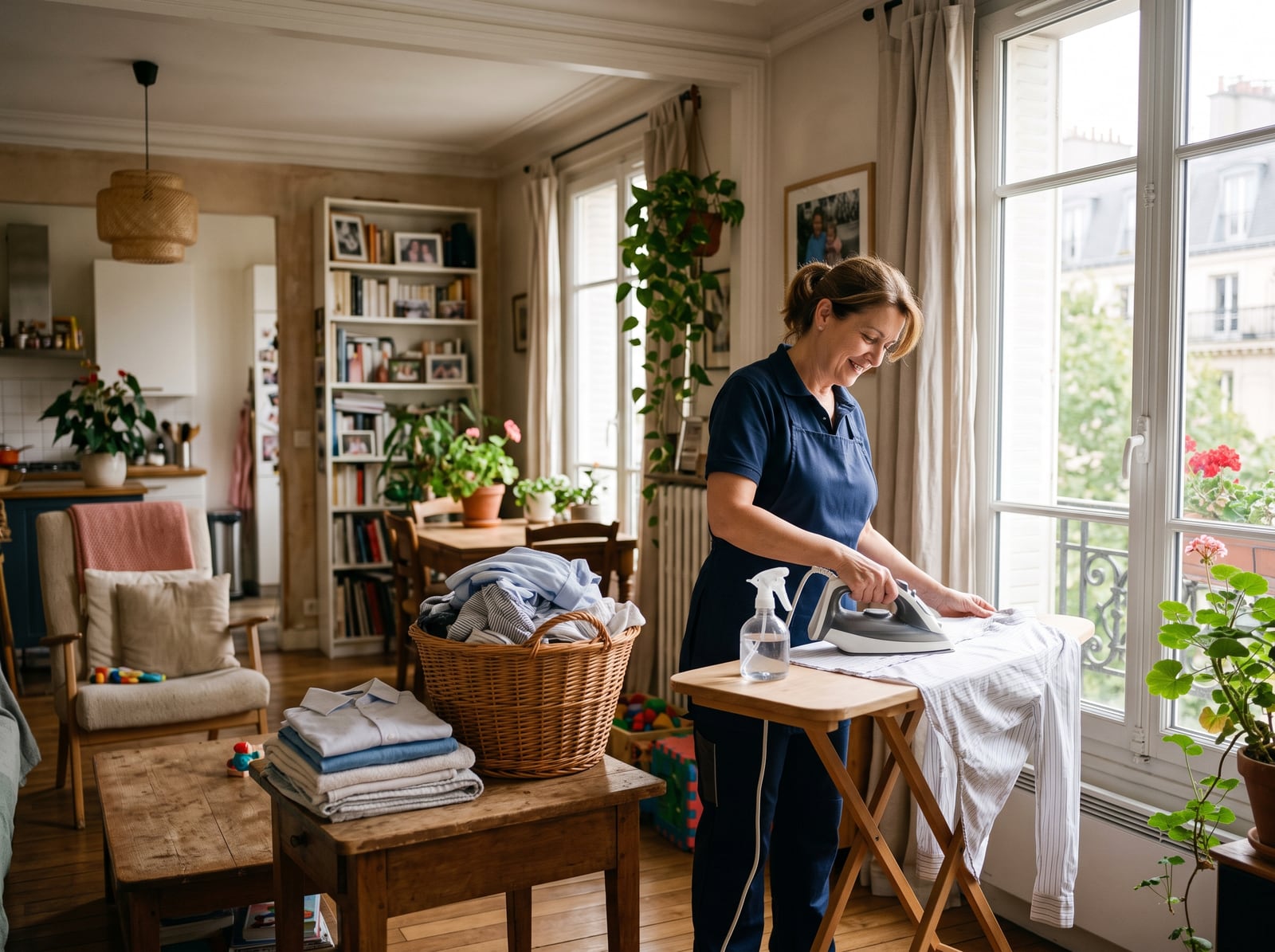 Intervenante à domicile repassant du linge dans un salon