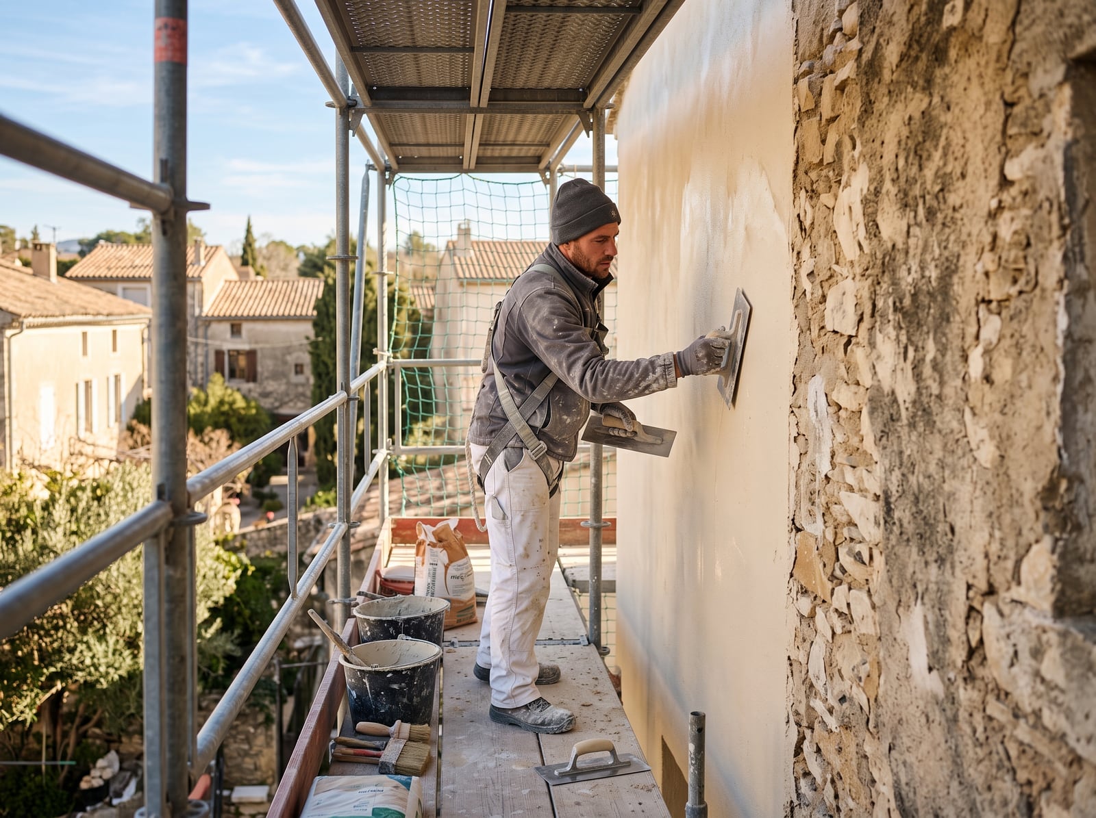 Façadier appliquant un enduit clair sur un mur depuis un échafaudage