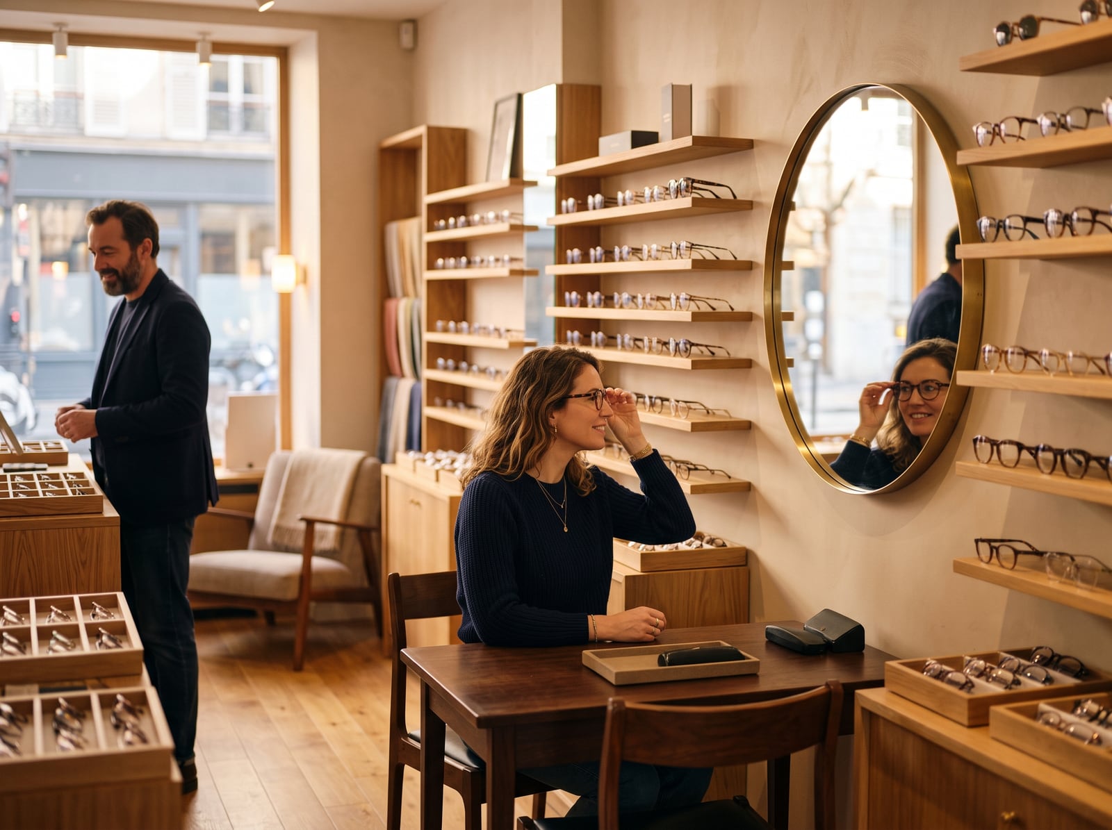 Client essayant des montures dans une boutique d'opticien