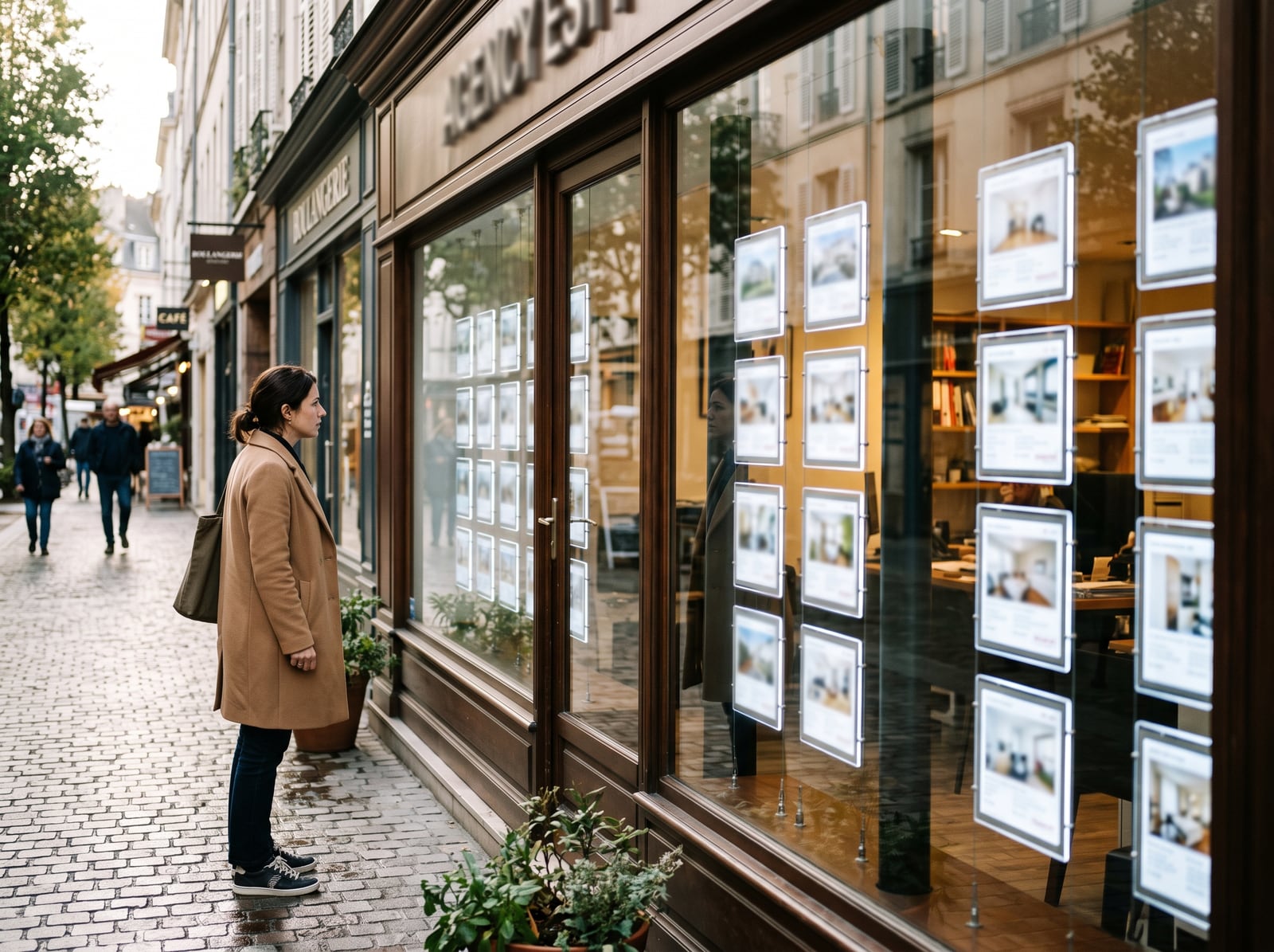 Passante consultant les annonces en vitrine d'une agence immobilière
