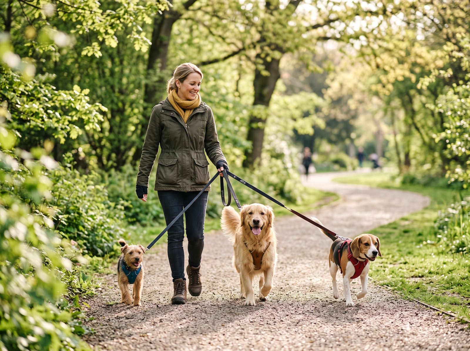 Pet sitter promenant trois chiens dans un parc au matin