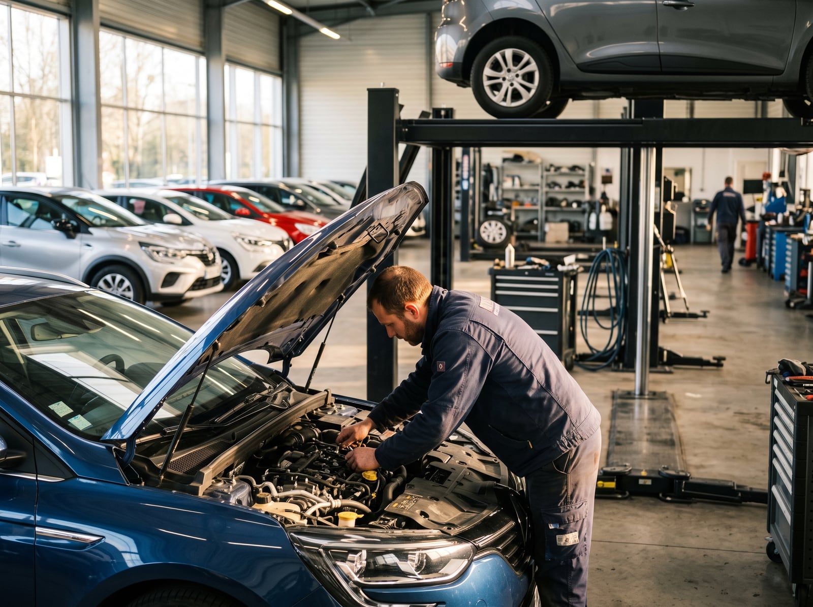 Mécanicien travaillant sous le capot d'une voiture dans l'atelier d'une concession