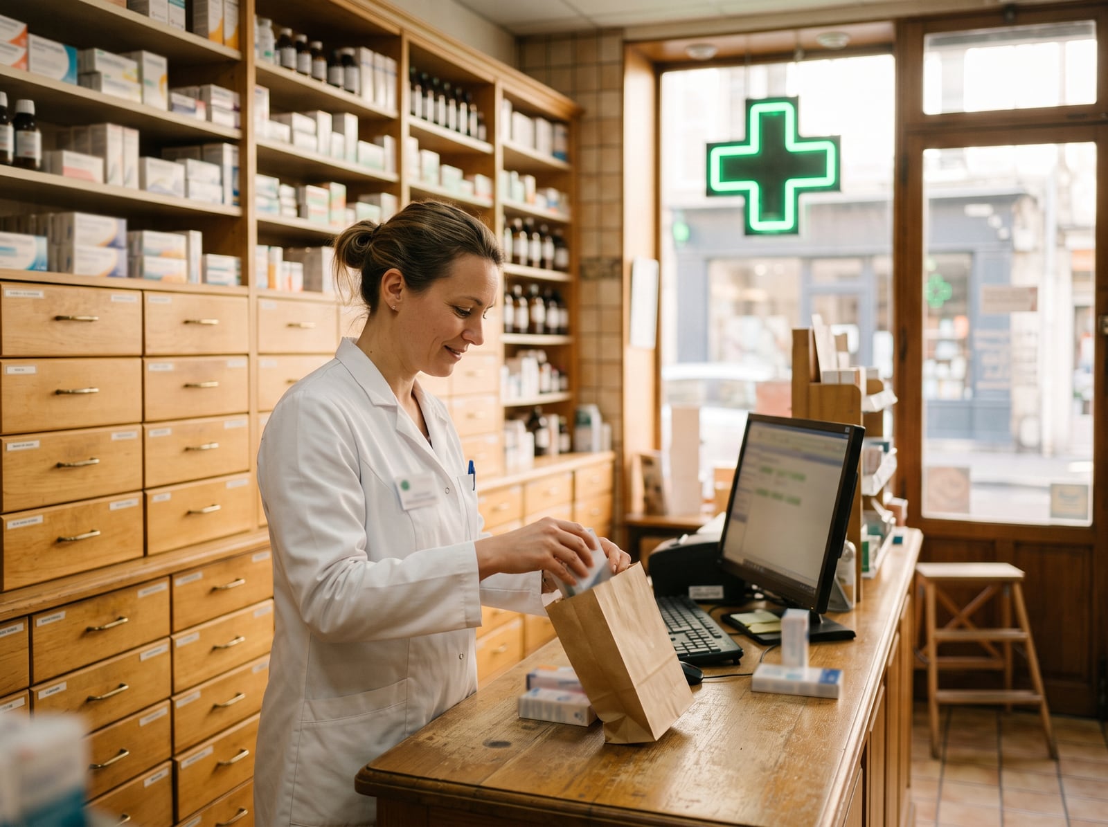 Pharmacienne préparant une commande derrière le comptoir d'une officine