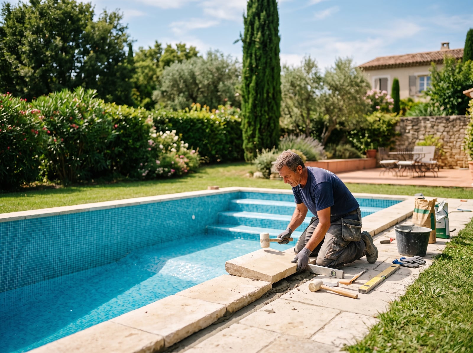 Pisciniste posant les margelles d'un bassin en construction