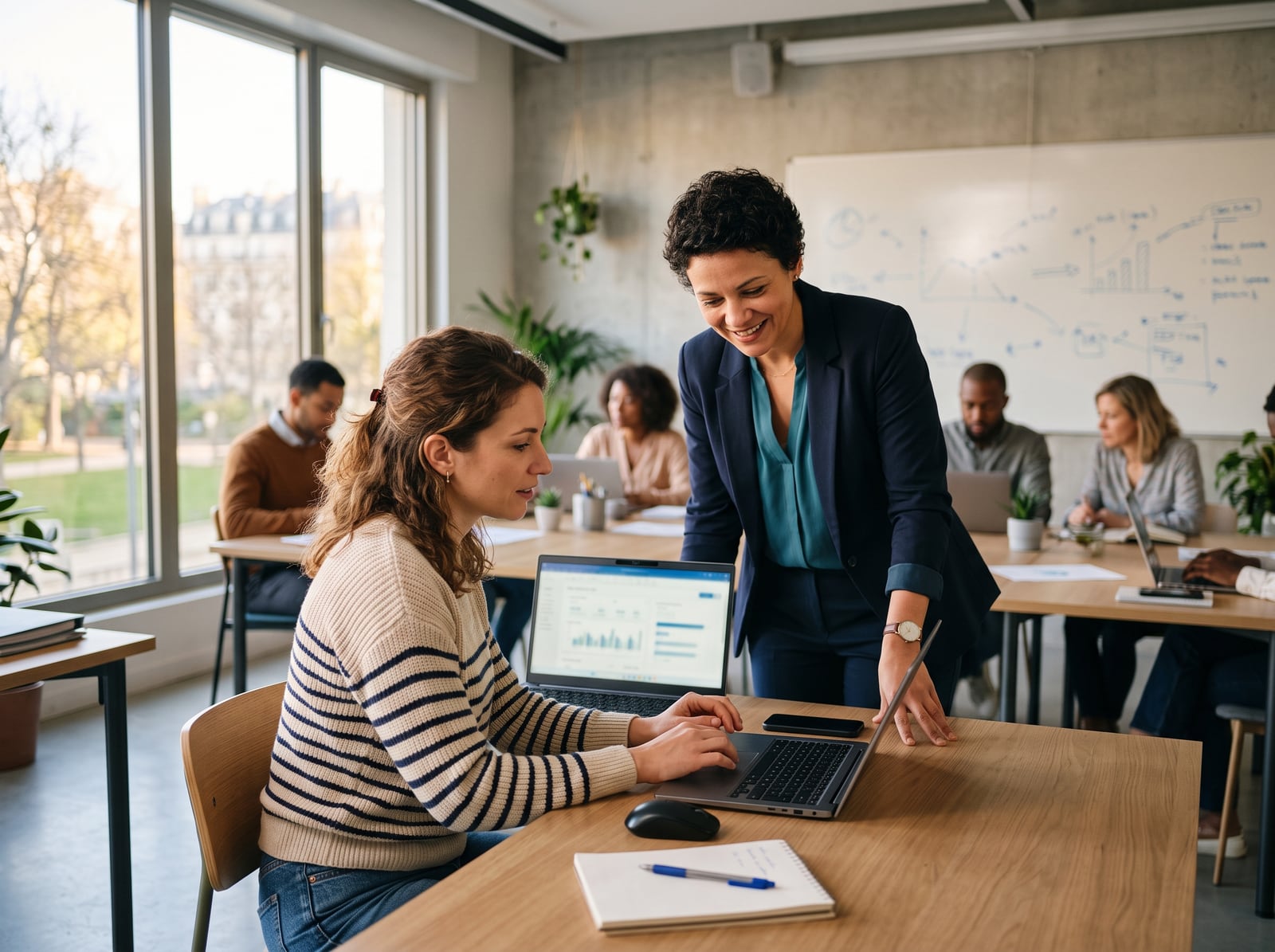 Formatrice accompagnant une apprenante en salle de formation professionnelle