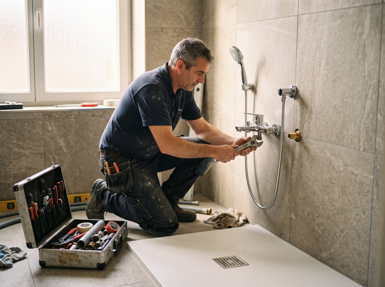 Plombier installant une robinetterie dans une salle de bains neuve
