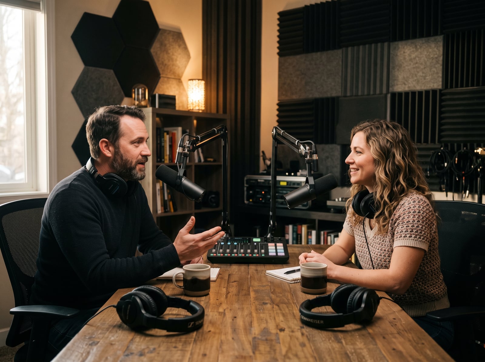 Deux animateurs enregistrent un podcast dans un studio à la lumière chaude
