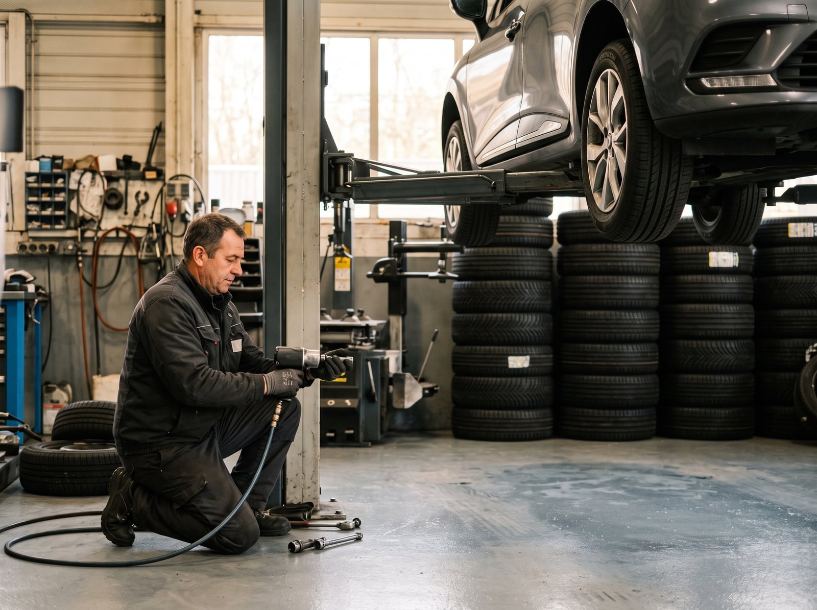 Mécanicien fixant une roue sur un véhicule levé en atelier