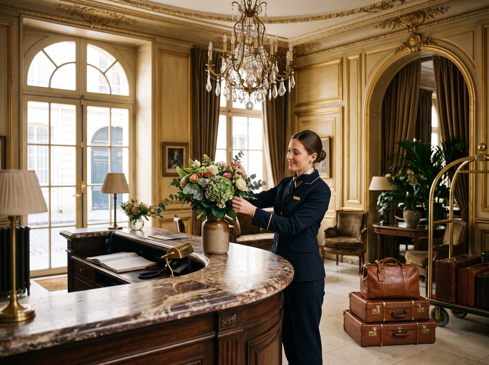 Réceptionniste préparant le hall d'un hôtel de caractère au petit matin