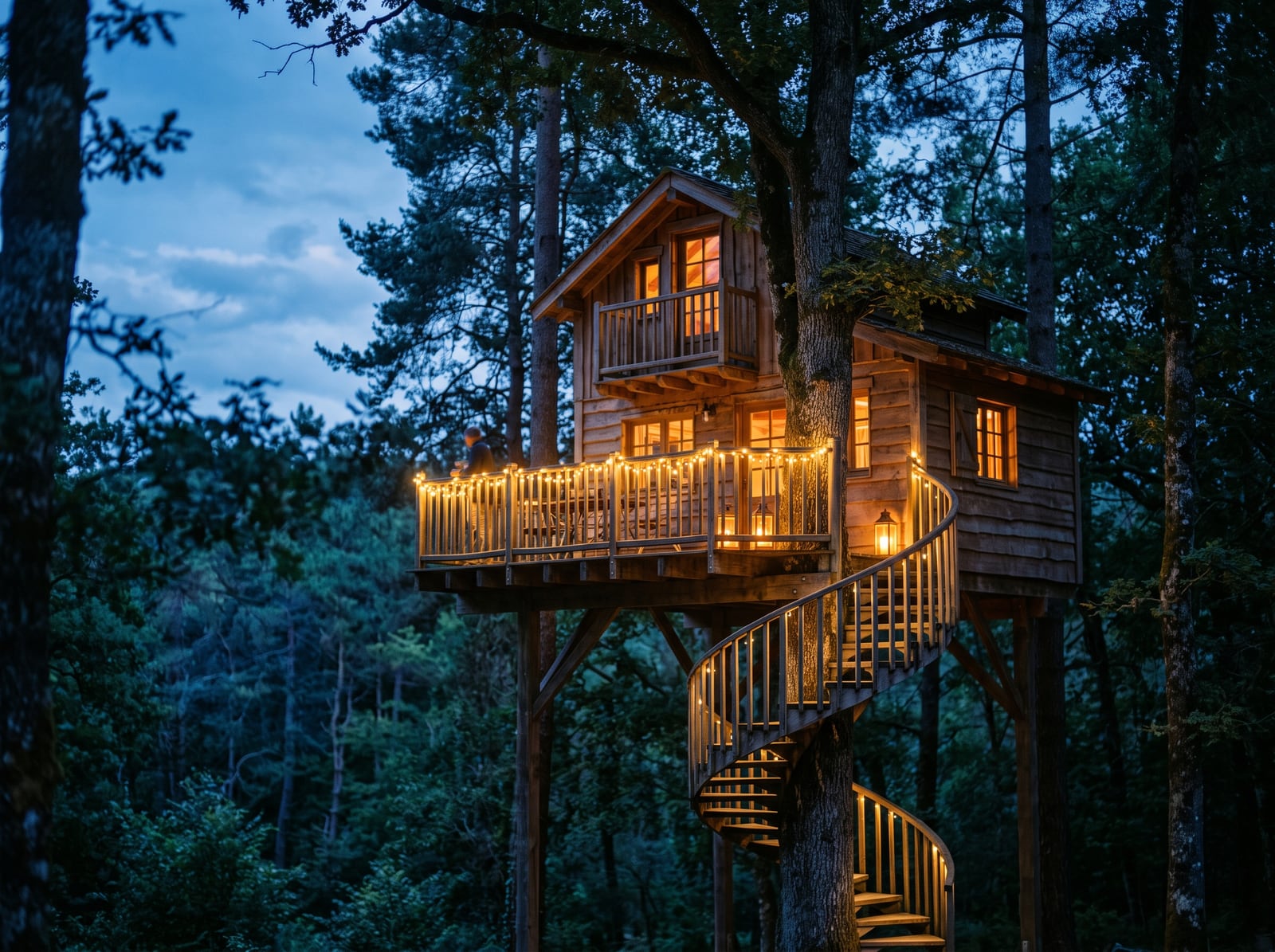 Cabane perchée illuminée au crépuscule dans une forêt