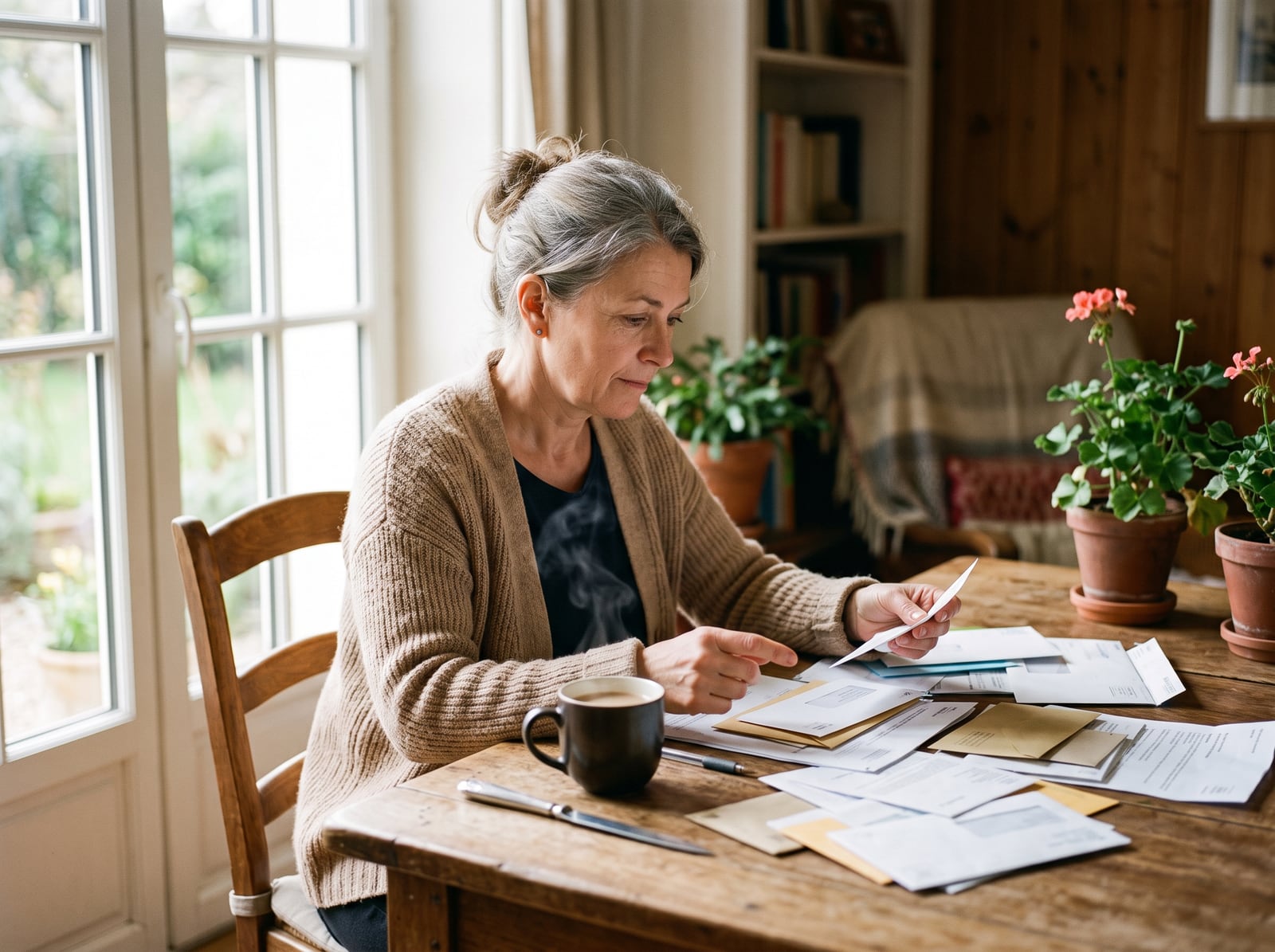 Consommateur triant son courrier administratif à sa table