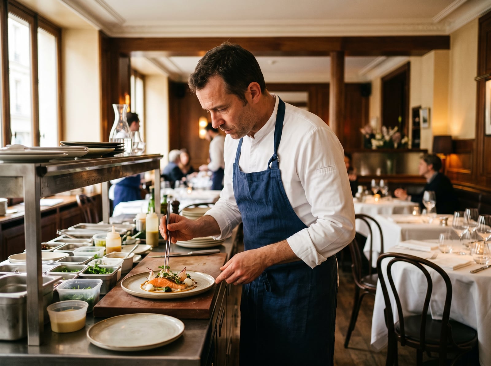 Un chef dresse une assiette au passe d'un restaurant gastronomique, salle élégante en arrière-plan