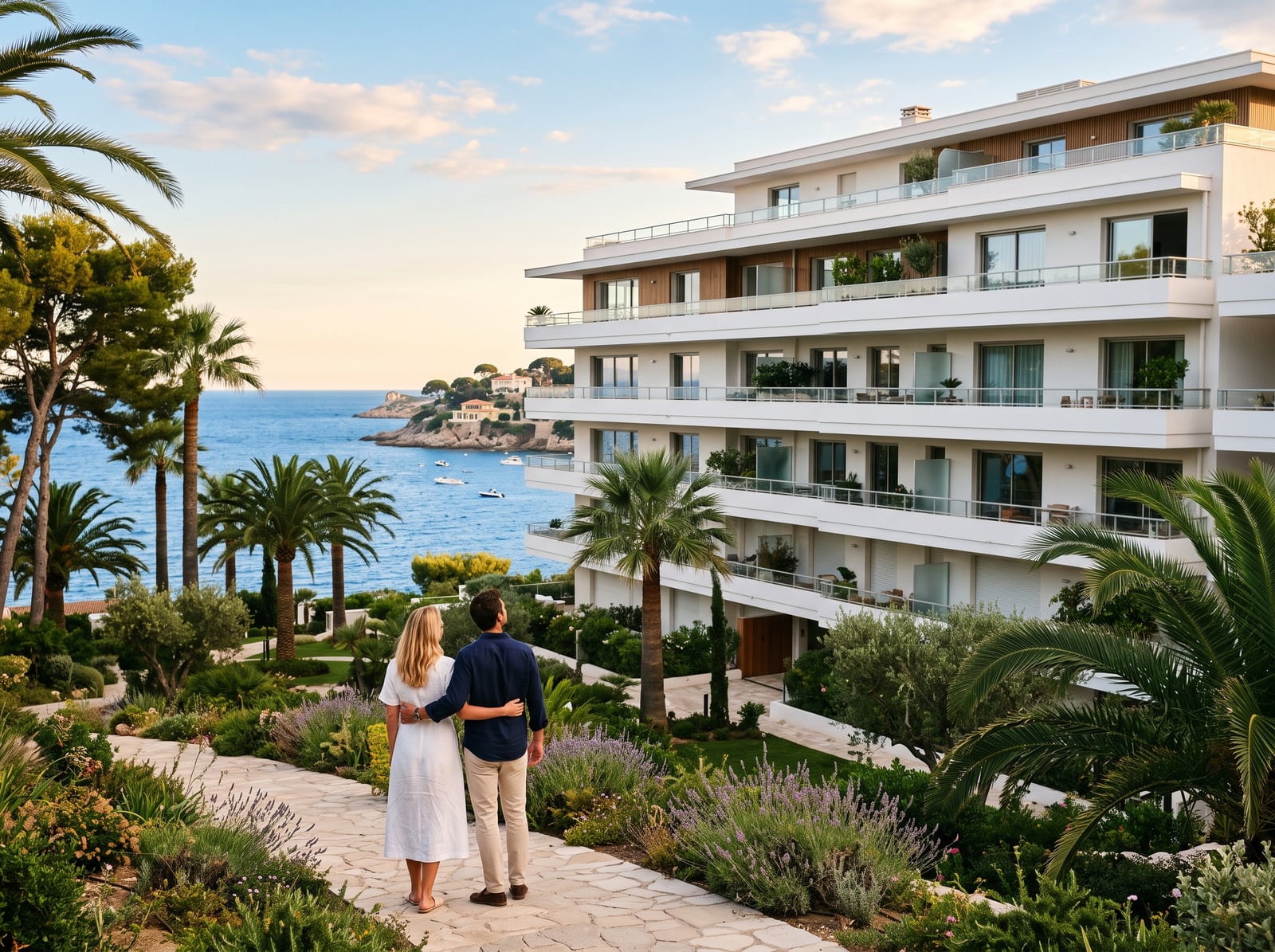 Couple admirant une résidence neuve aux balcons filants près du littoral