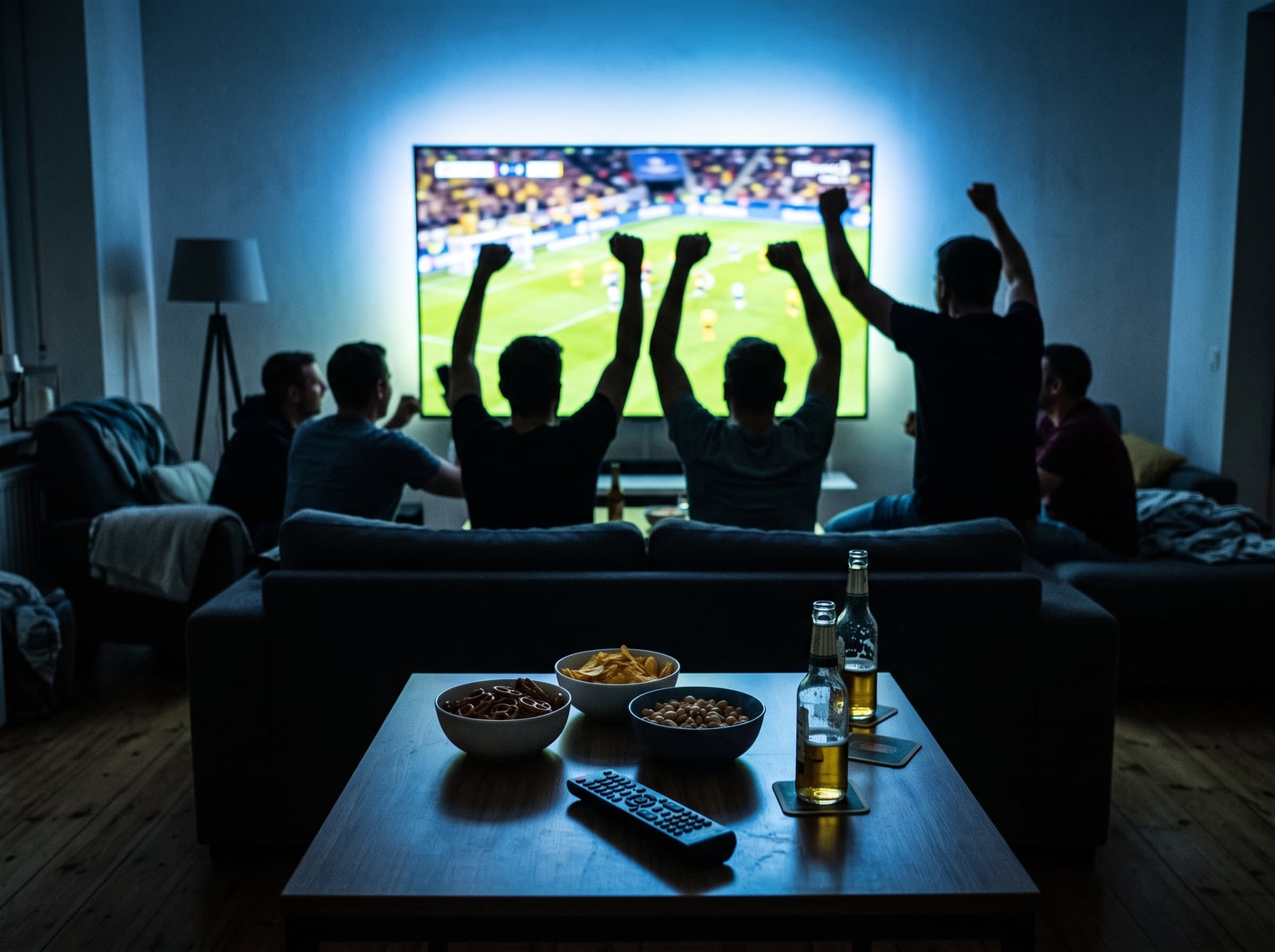 Supporters devant un match diffusé sur grand écran au salon