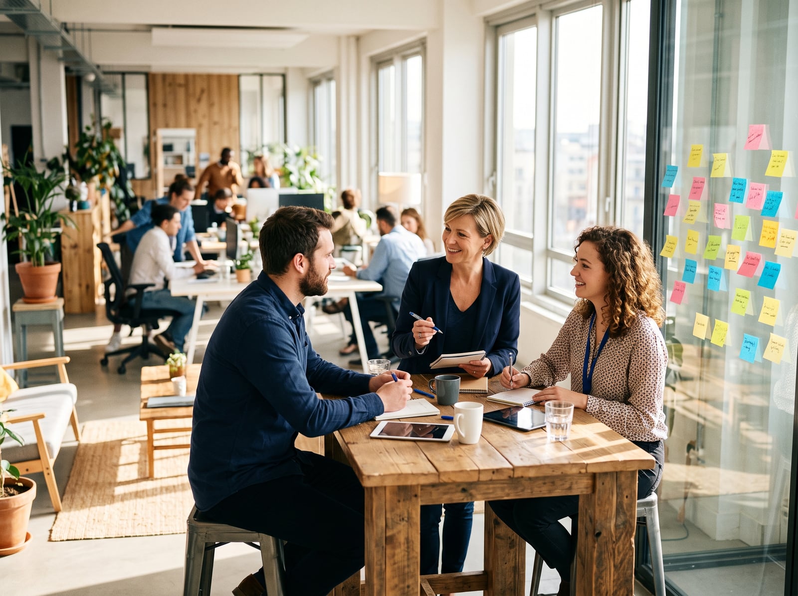 Réunion d'équipe RH dans un open space lumineux