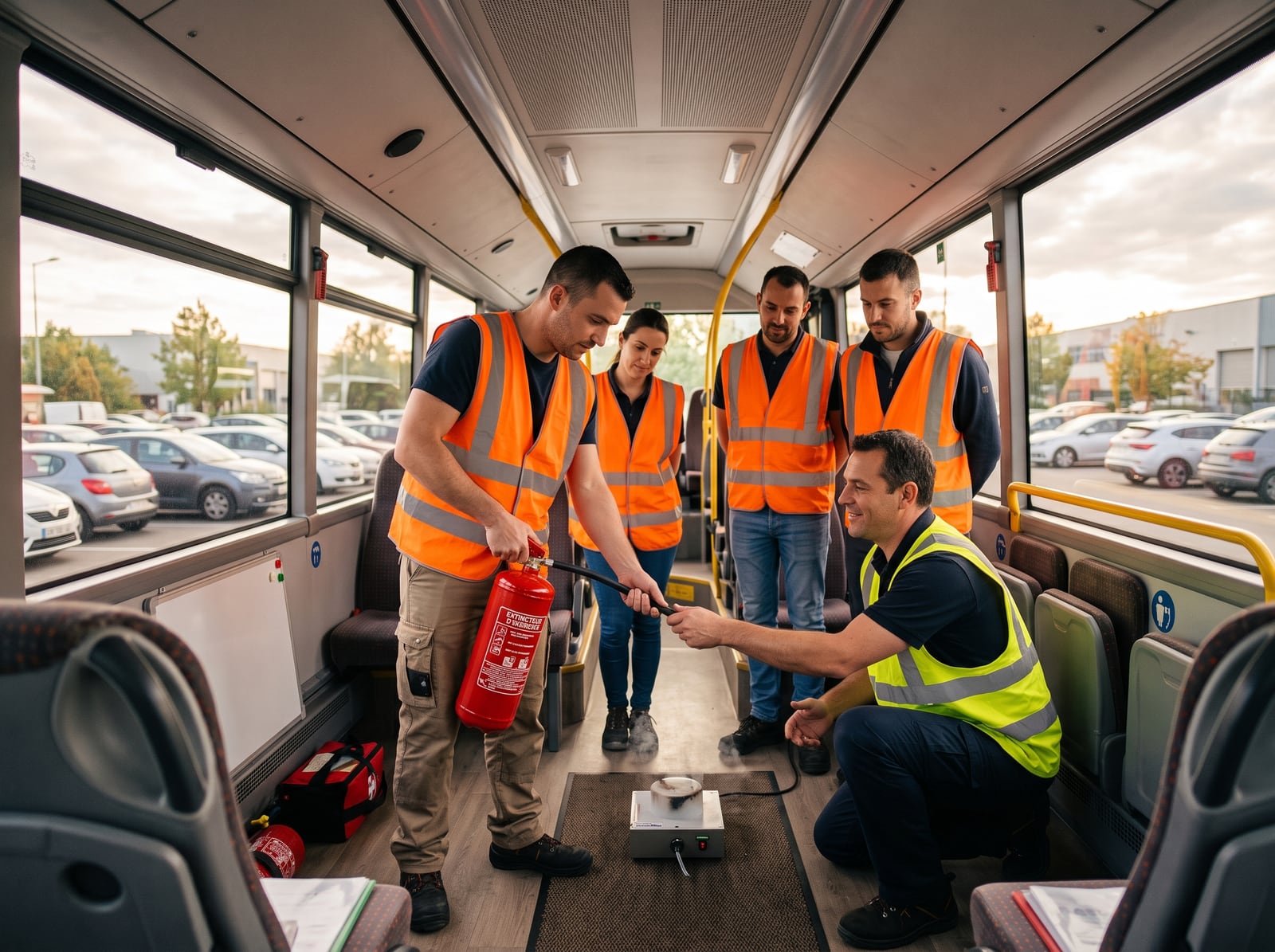 Salariés en formation sécurité à bord d'un bus aménagé