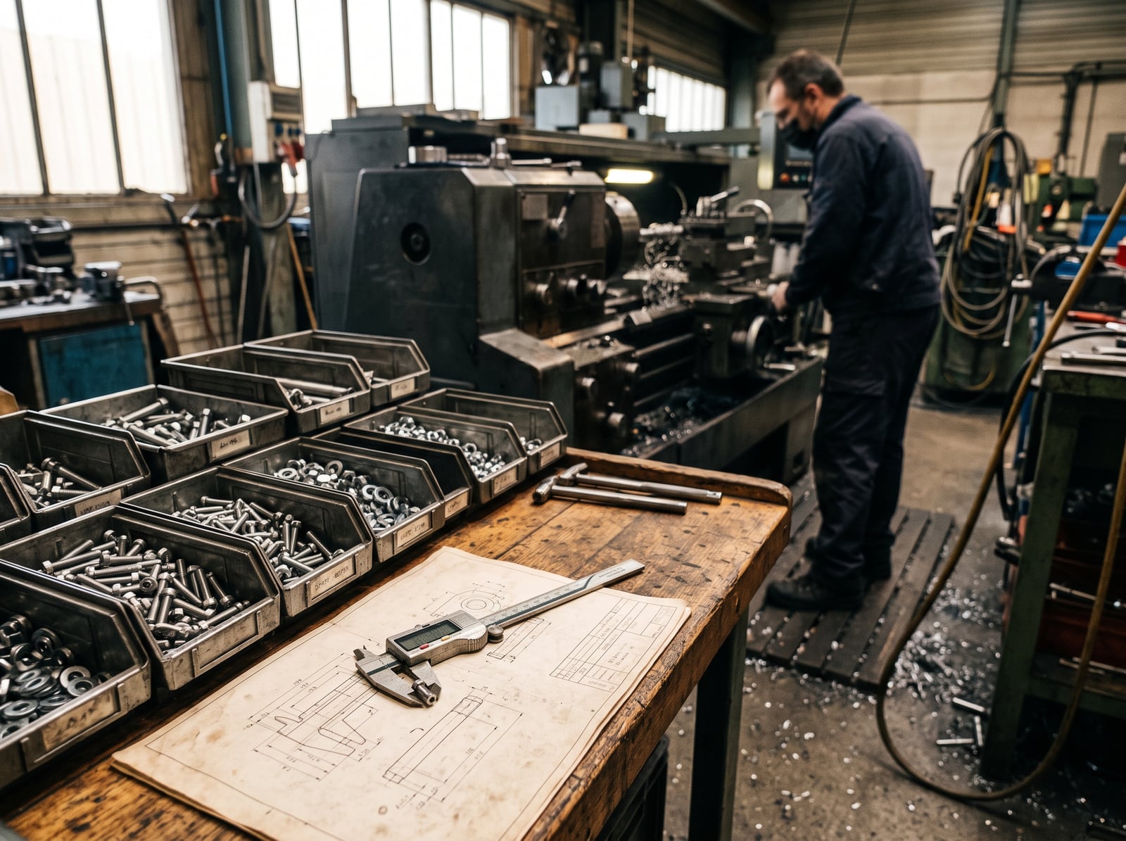 Visserie technique triée dans un atelier d'usinage métallurgique