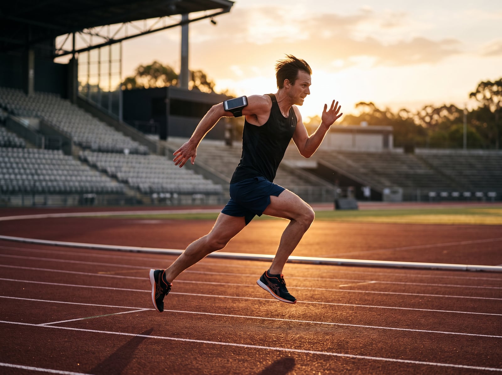 Coureur à l'entraînement sur piste au lever du soleil, smartphone au bras