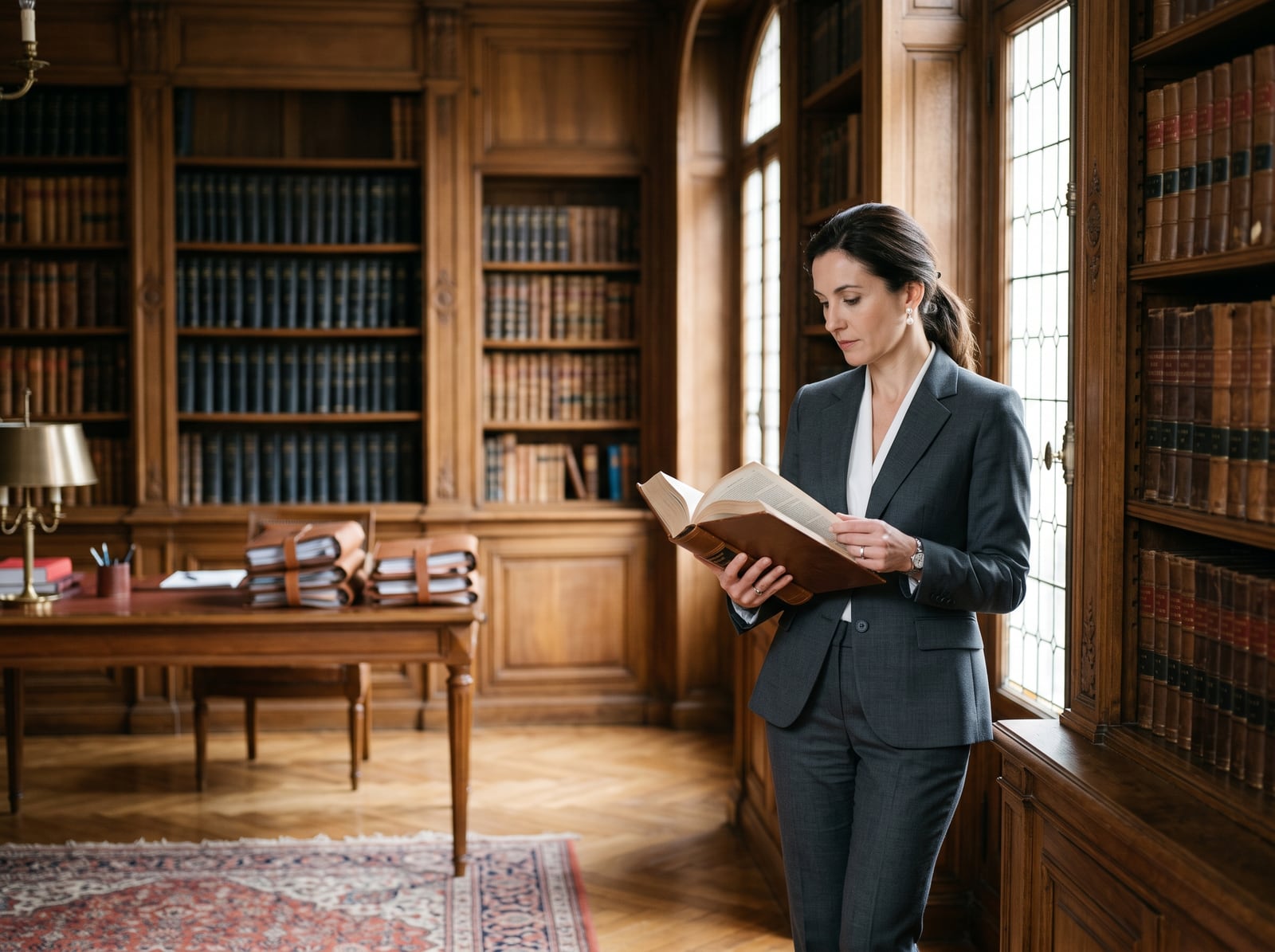 Avocate consultant un code dans la bibliothèque d'un cabinet