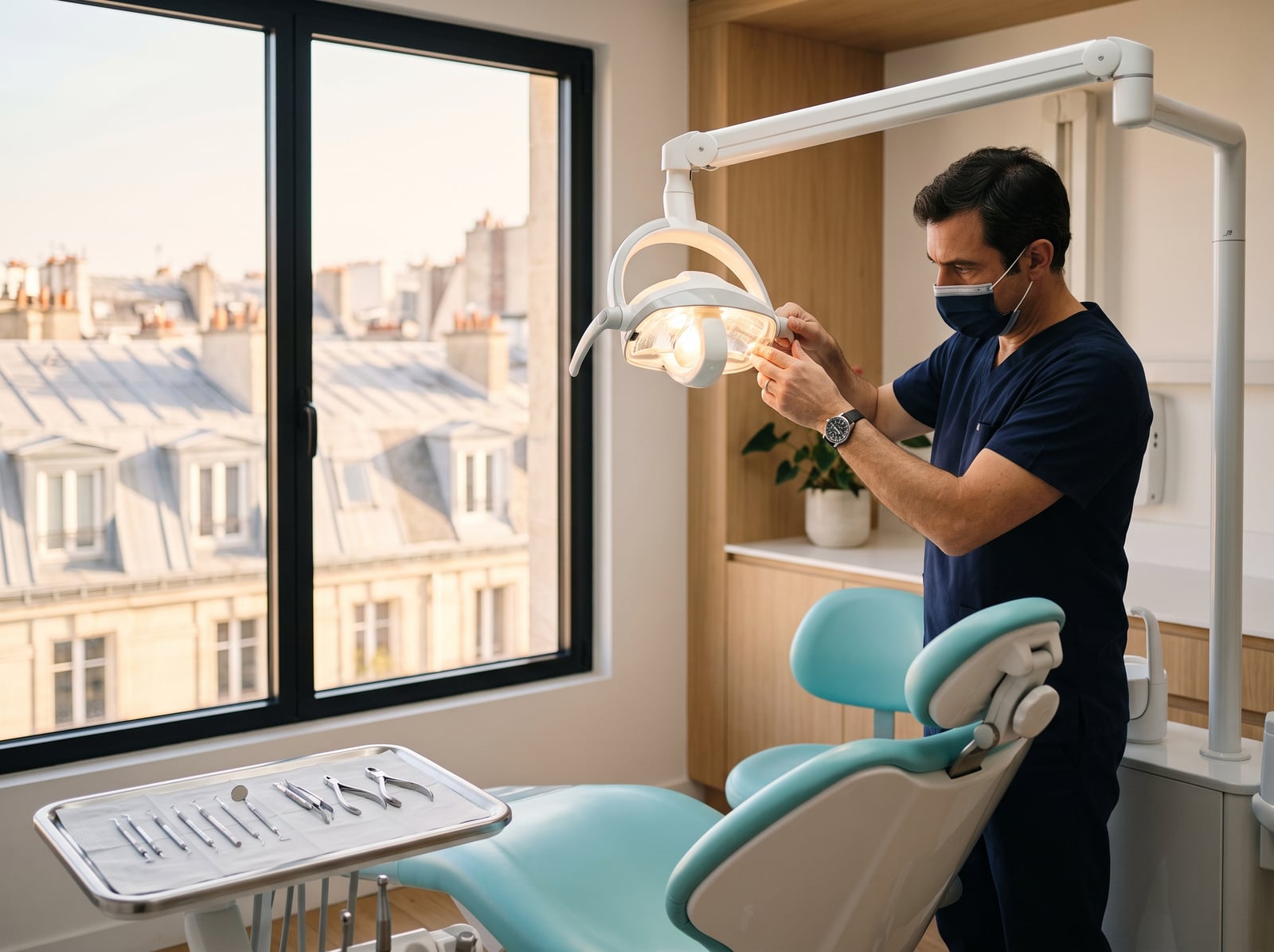 Praticien préparant son fauteuil de soins dans un cabinet dentaire parisien