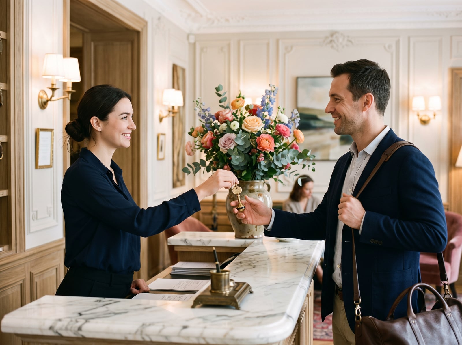 Accueil d'un voyageur à la réception d'un boutique-hôtel