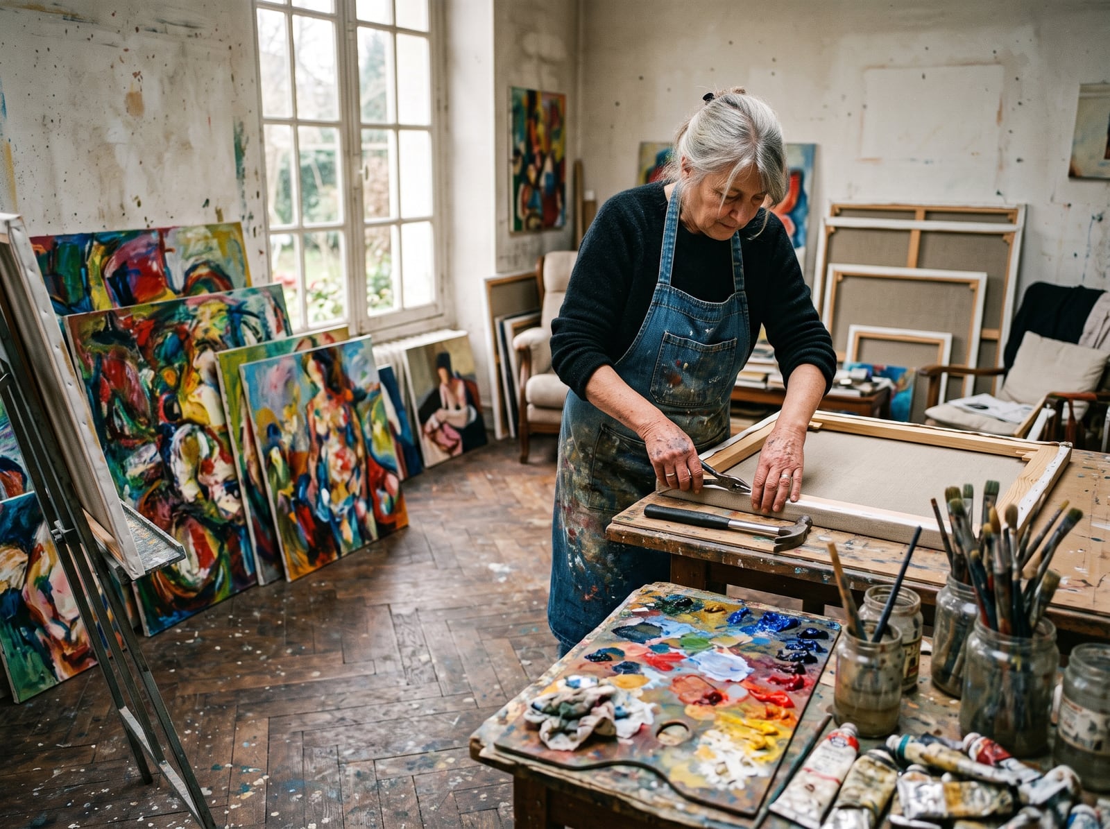 Artiste peintre travaillant parmi ses toiles dans un atelier lumineux