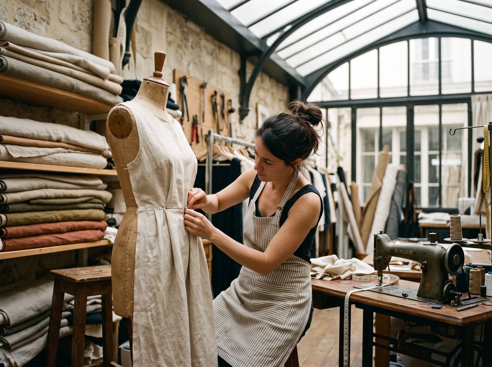 Couturière ajustant une robe en lin dans un atelier de mode