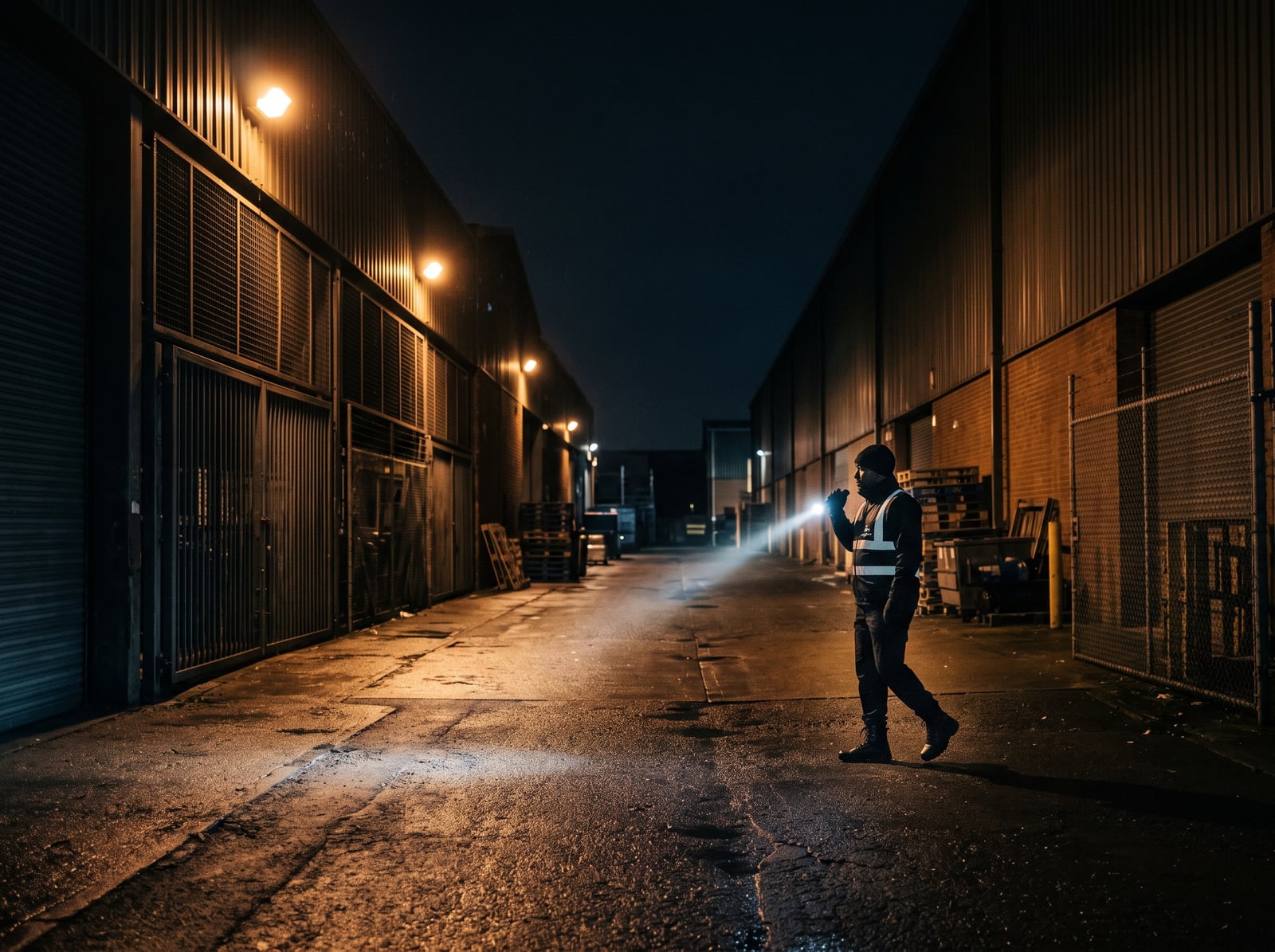 Agent de sécurité effectuant une ronde nocturne sur un site industriel