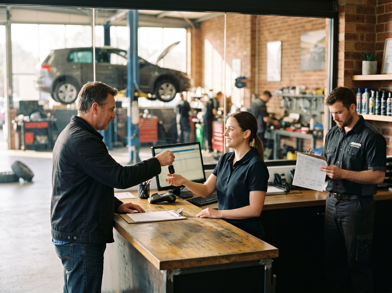 Client déposant son véhicule à la réception d'un centre d'entretien