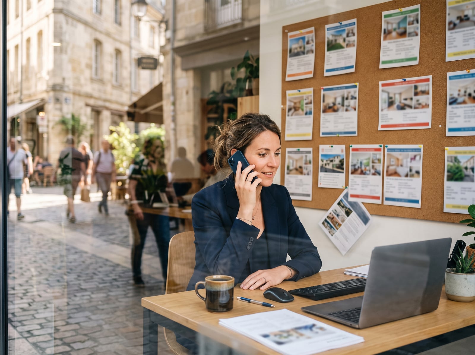Conseillère immobilière au téléphone dans son agence au matin