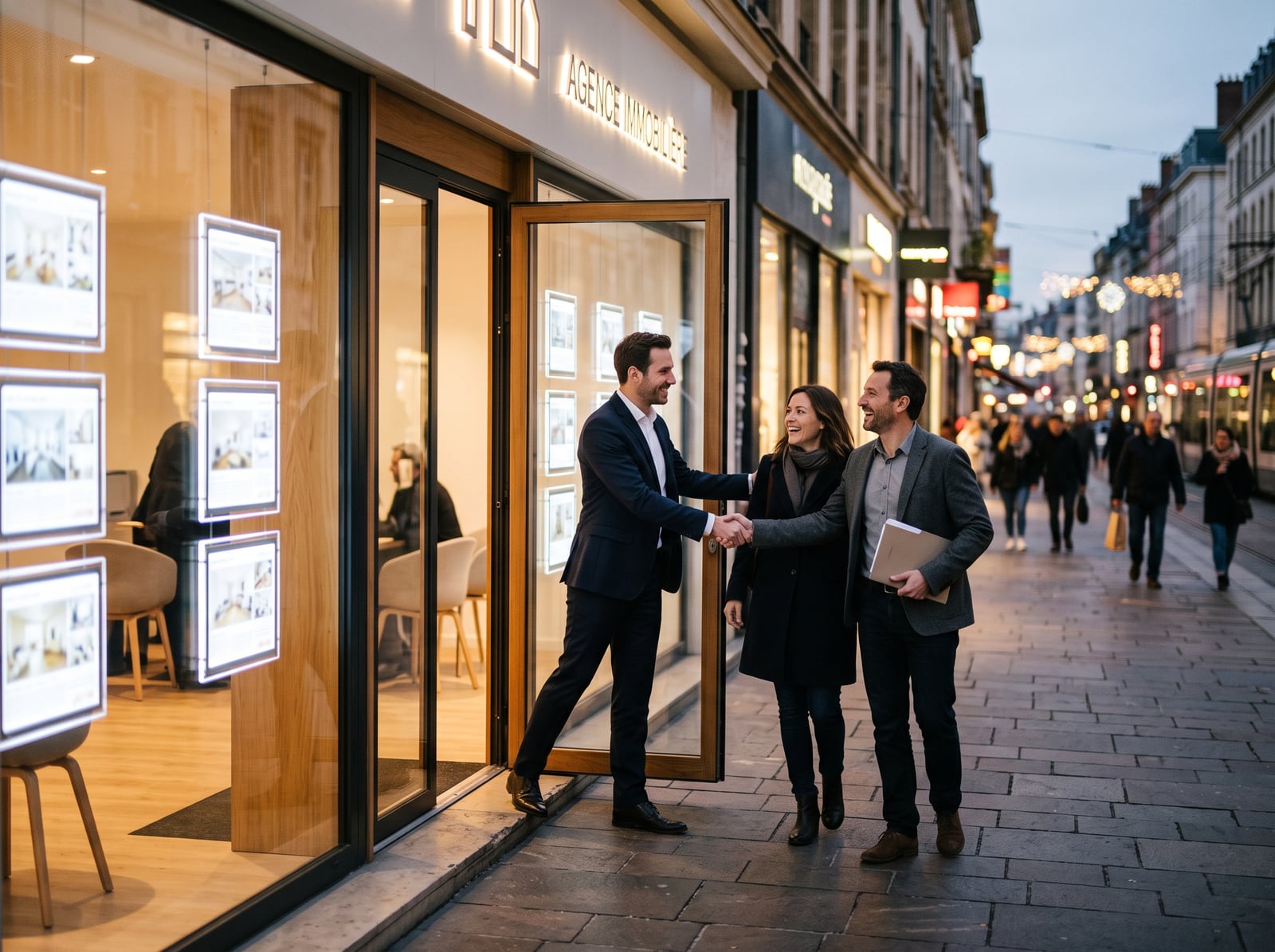 Négociateur raccompagnant des clients devant une agence immobilière éclairée