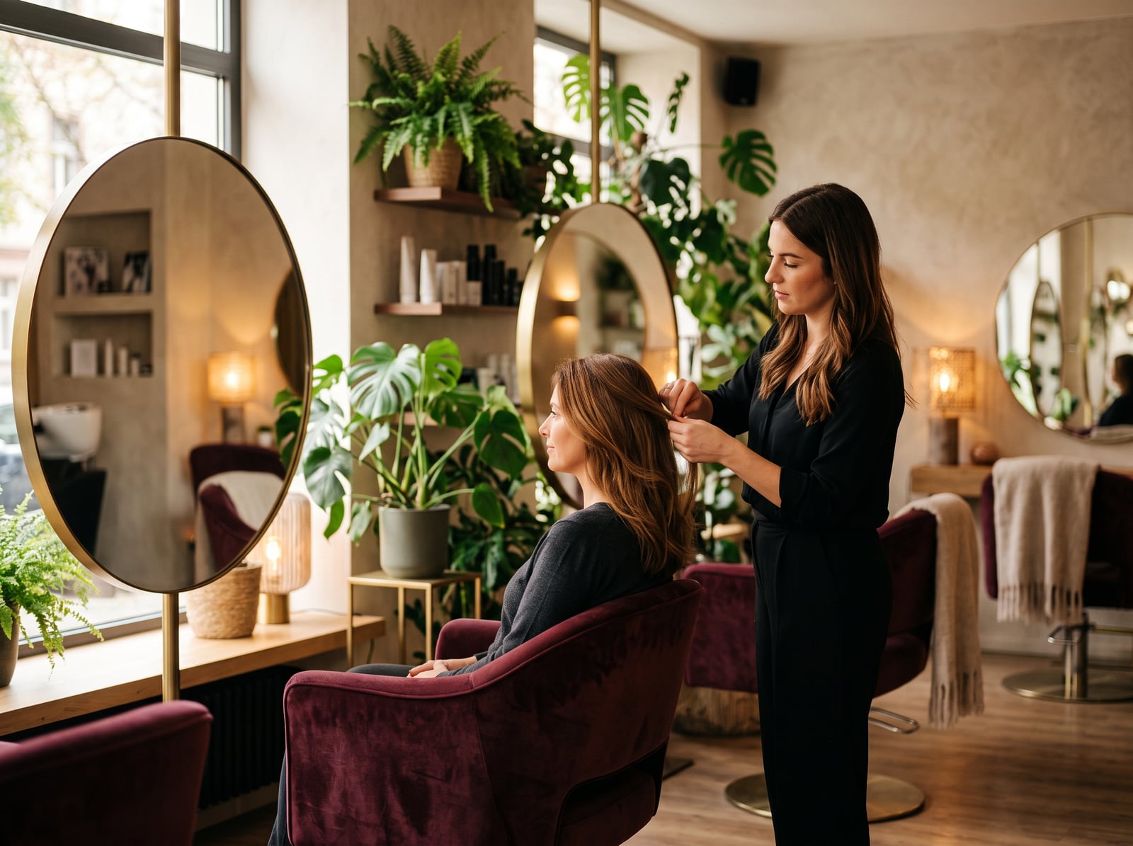Coiffeuse au travail dans un salon à la décoration soignée