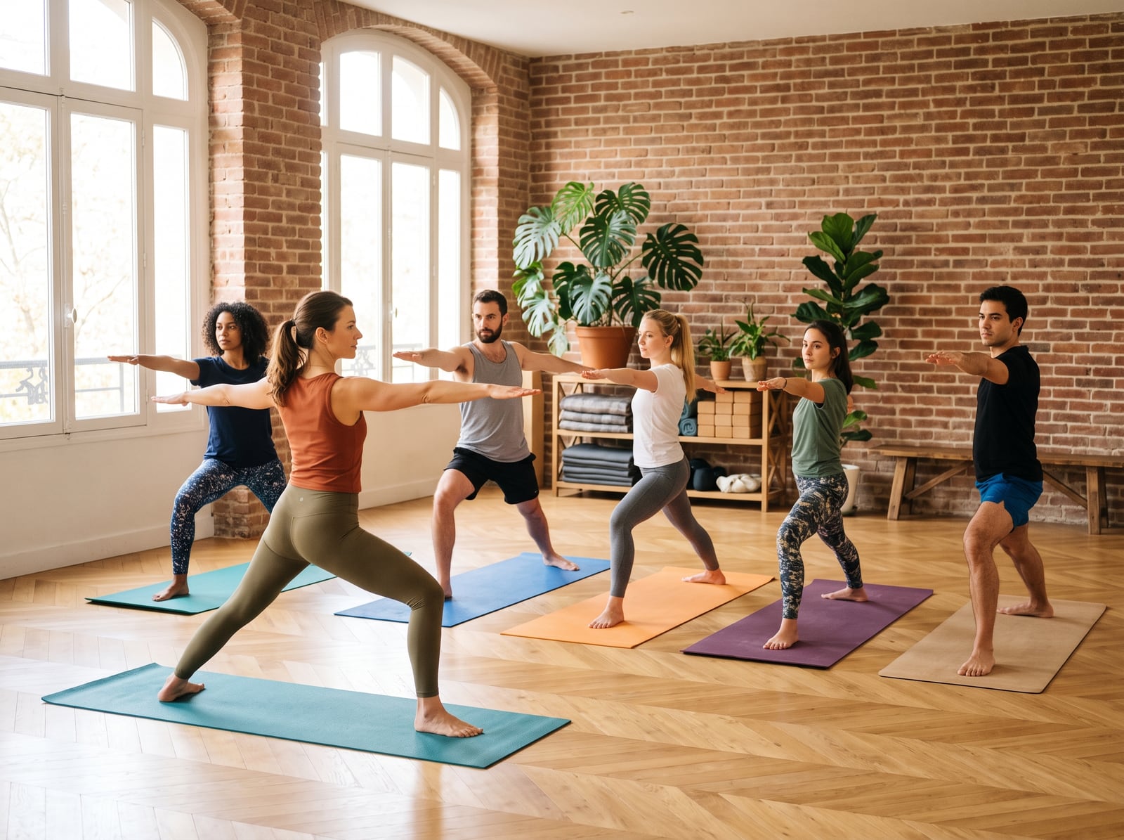 Cours de yoga en studio lumineux guidé par une professeure
