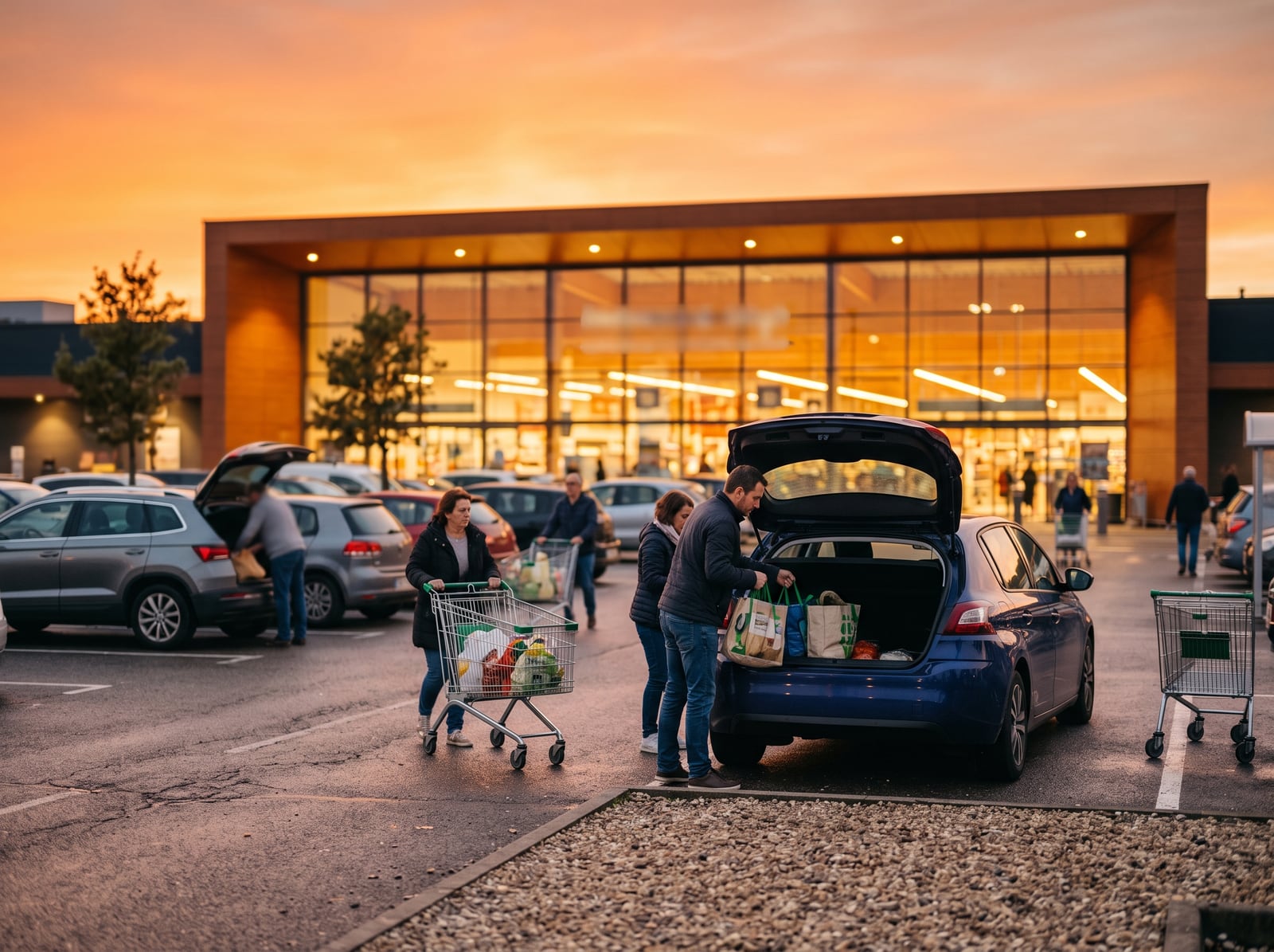 Clients sur le parking d'un supermarché au crépuscule