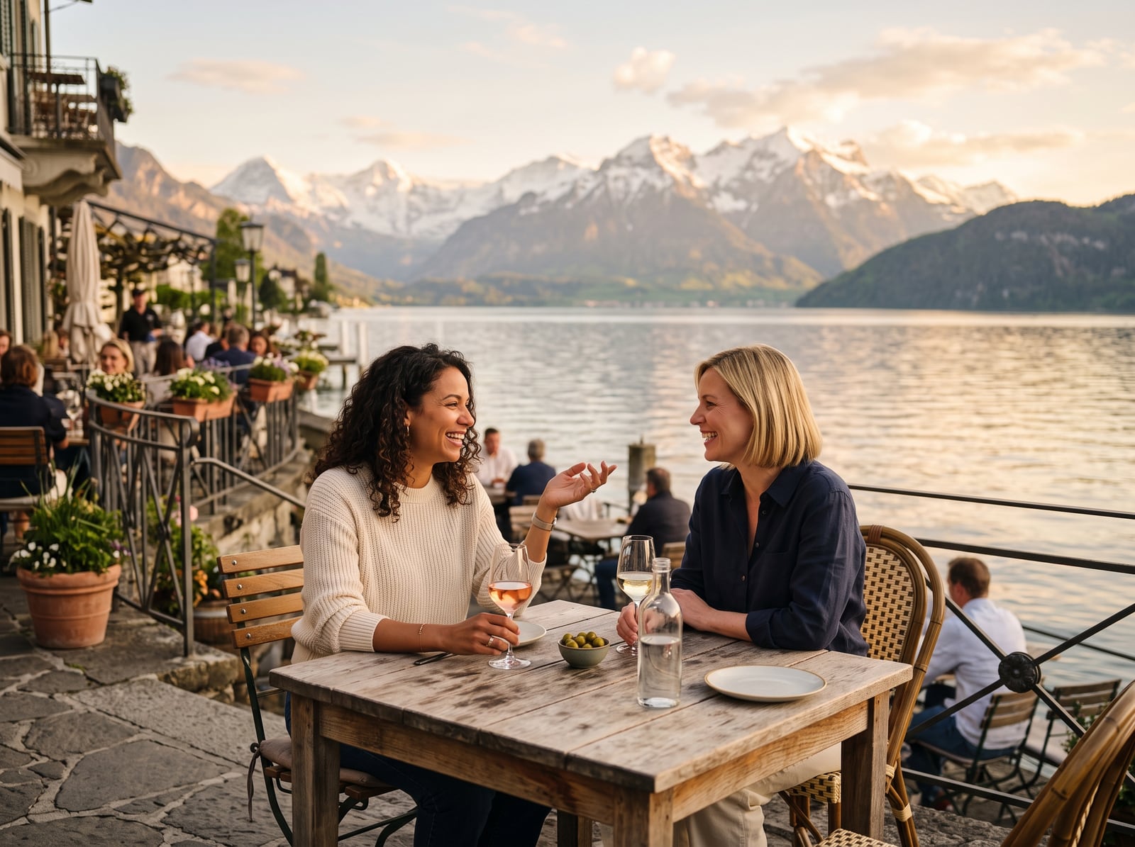 Rencontre autour d'un café face à un lac de montagne