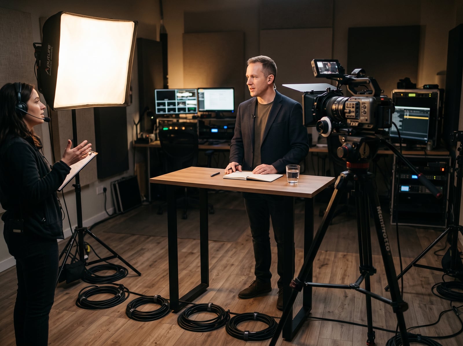 Plateau de tournage vidéo avec caméra et éclairages professionnels